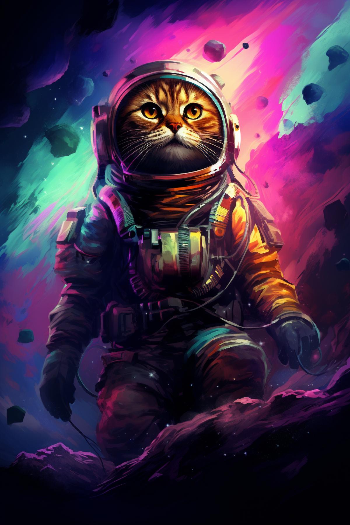 Cat astronaut in full growth, is on the moon, collecting moon rocks, dressed in an astronaut suit, high quality, good detail, science fiction, cyberpunk, space