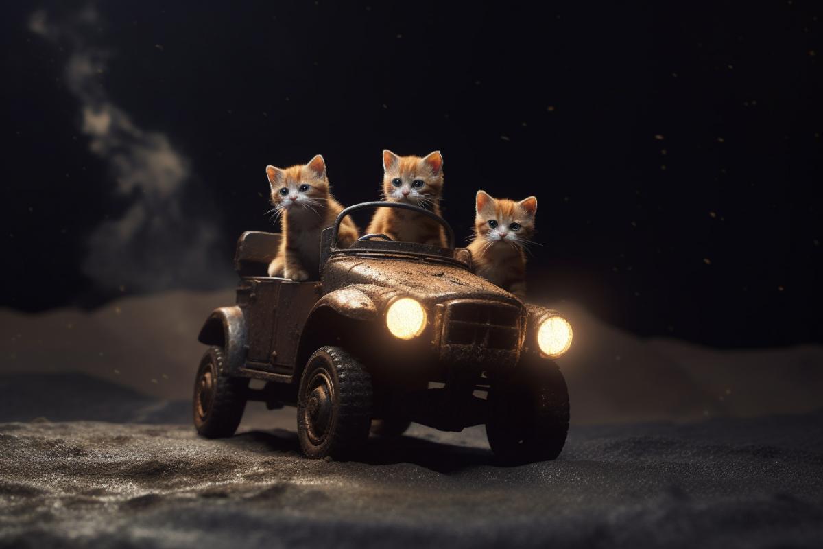 three kittens astronauts driving realistic lunar cycle on the Moon surface, the Earth on background, scenic, epic photograph, hyperdetailed, hyperrealistic