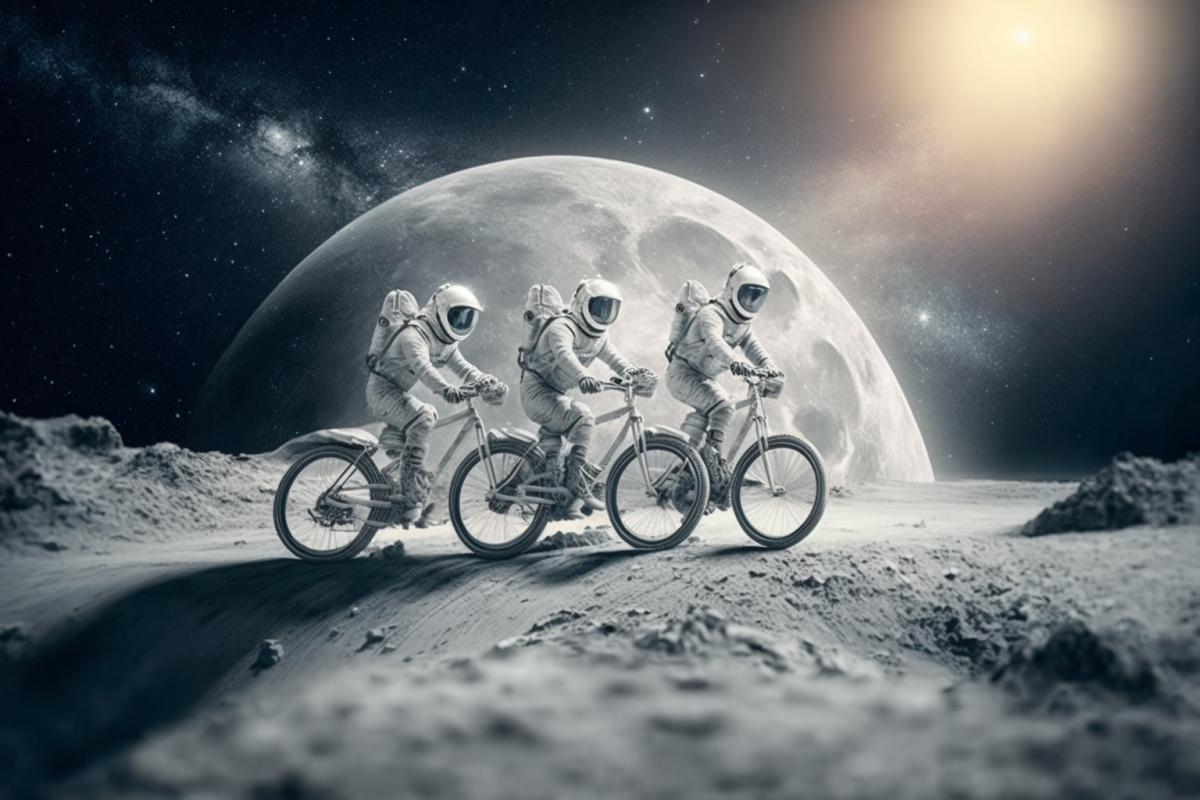 three kittens in space suits driving realistic lunar bike on the Moon surface, the Earth on the background, scenic, epic photograph, hyperdetailed, hyperrealistic