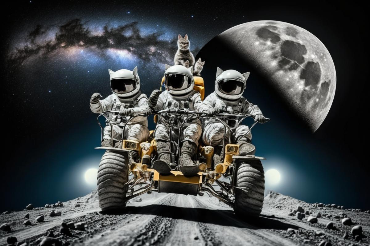 three kittens in space suits driving lunar quad bike on the Moon surface, scenic, epic photograph, hyperdetailed, hyperrealistic