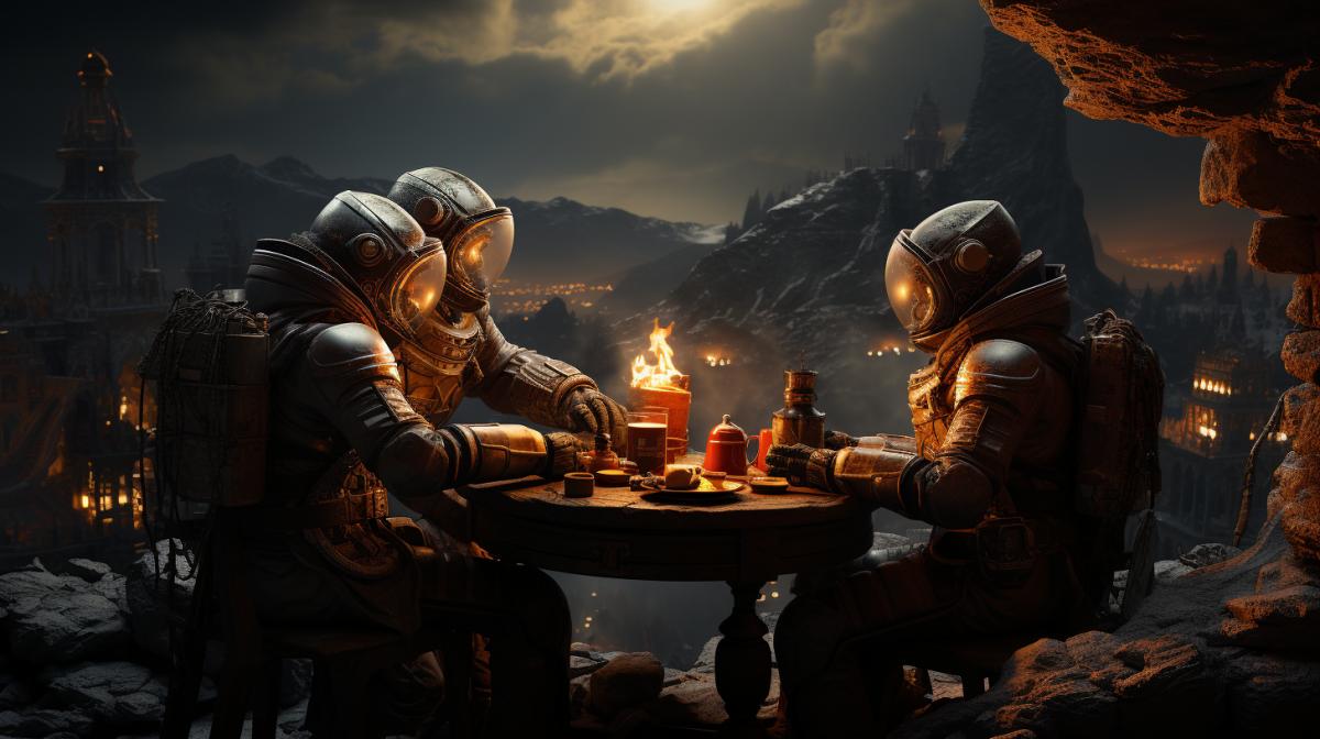 3 Astronauts in spacesuits on the moon, sitting at a table with coffee in their hands, the background is the earth and starry sky, digital art
