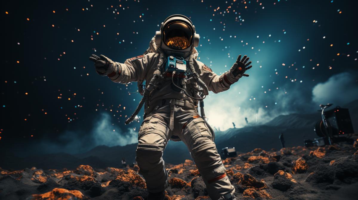3 Astronauts in spacesuits on the moon, sitting at a table with coffee in their hands, the background is the earth and starry sky, digital art