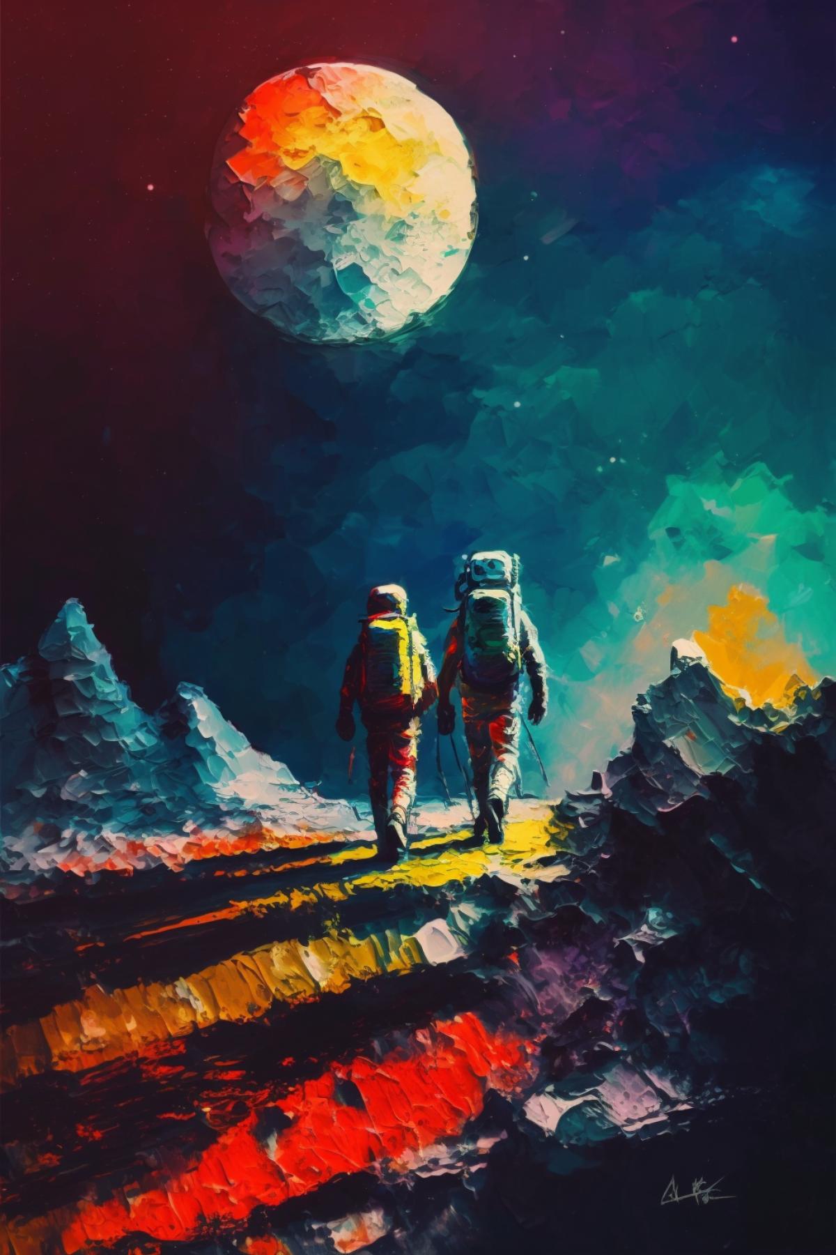 a couple in love in spacesuits walks on the moon holding hands, dark sky, epic landscape, rule of thirds, abstraction, complementary colors, dirtful lighting, tranquility, oil painting