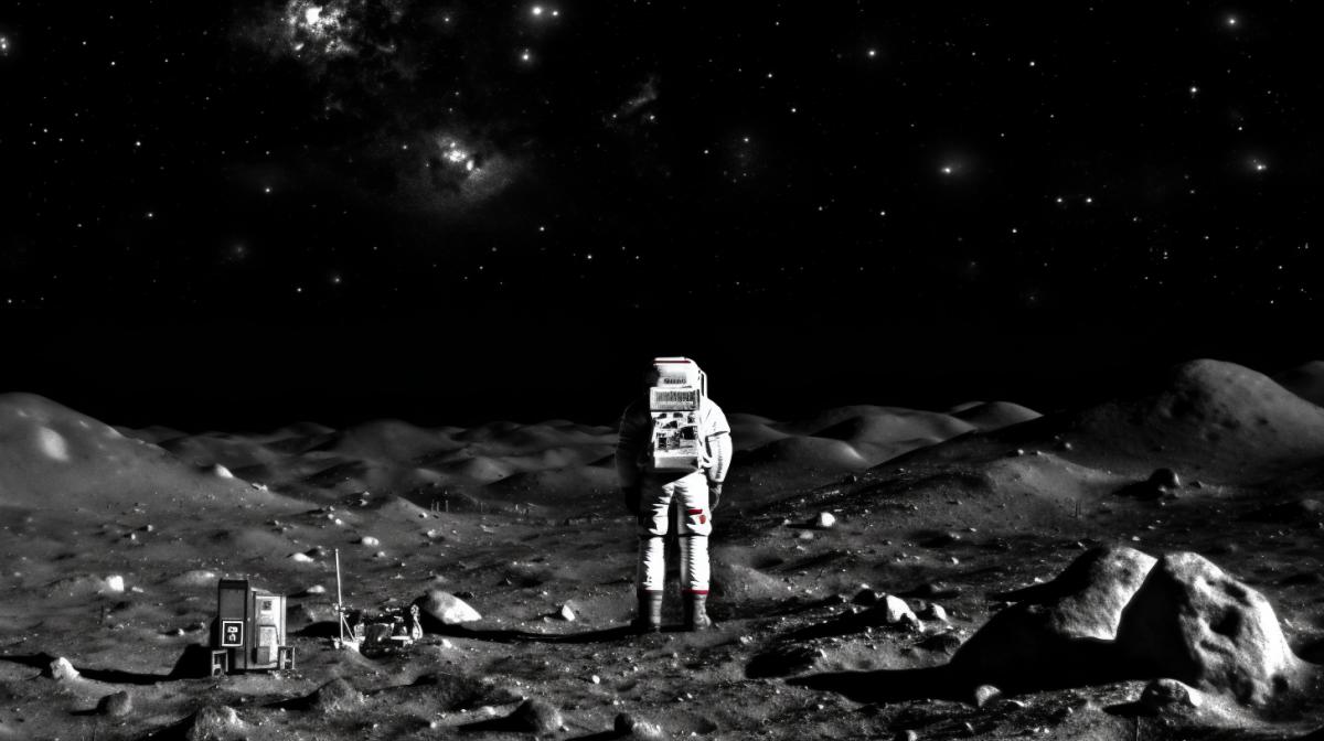 Moon landscape, stark lighting, melancholic, astronaut gazing at Earth, feeling small yet connected to the universe, footprints on the moons surface, lunar rover nearby, monochromatic color palette with hints of blue, asymmetrical com4k, in the style of Ansel Adams