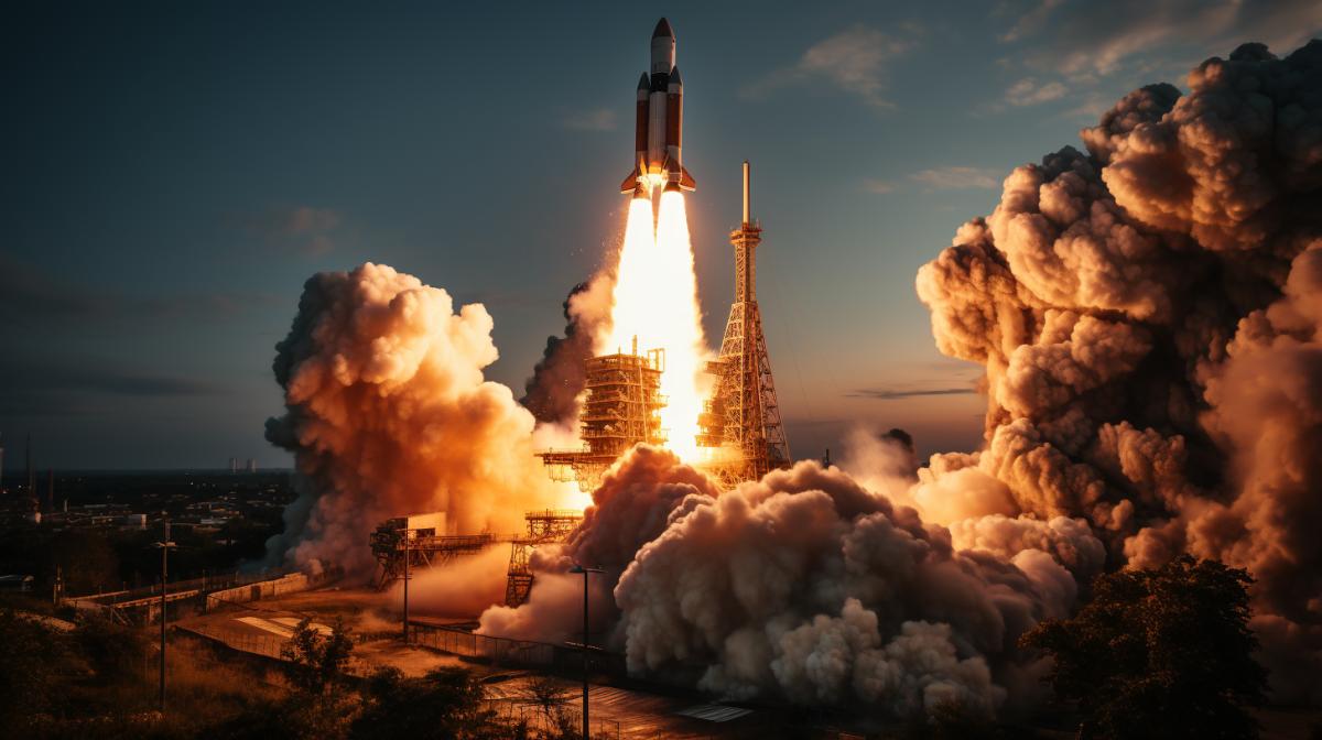 photo of a rocket blasting off from the launchpad, sunrise, soft pastel colors, gentle morning light, peaceful and optimistic atmosphere Natural Lighting, subtle and harmonious light, authentic and unfiltered atmosphere, genuine and down-to-earth vibe, highly detailed, 8k