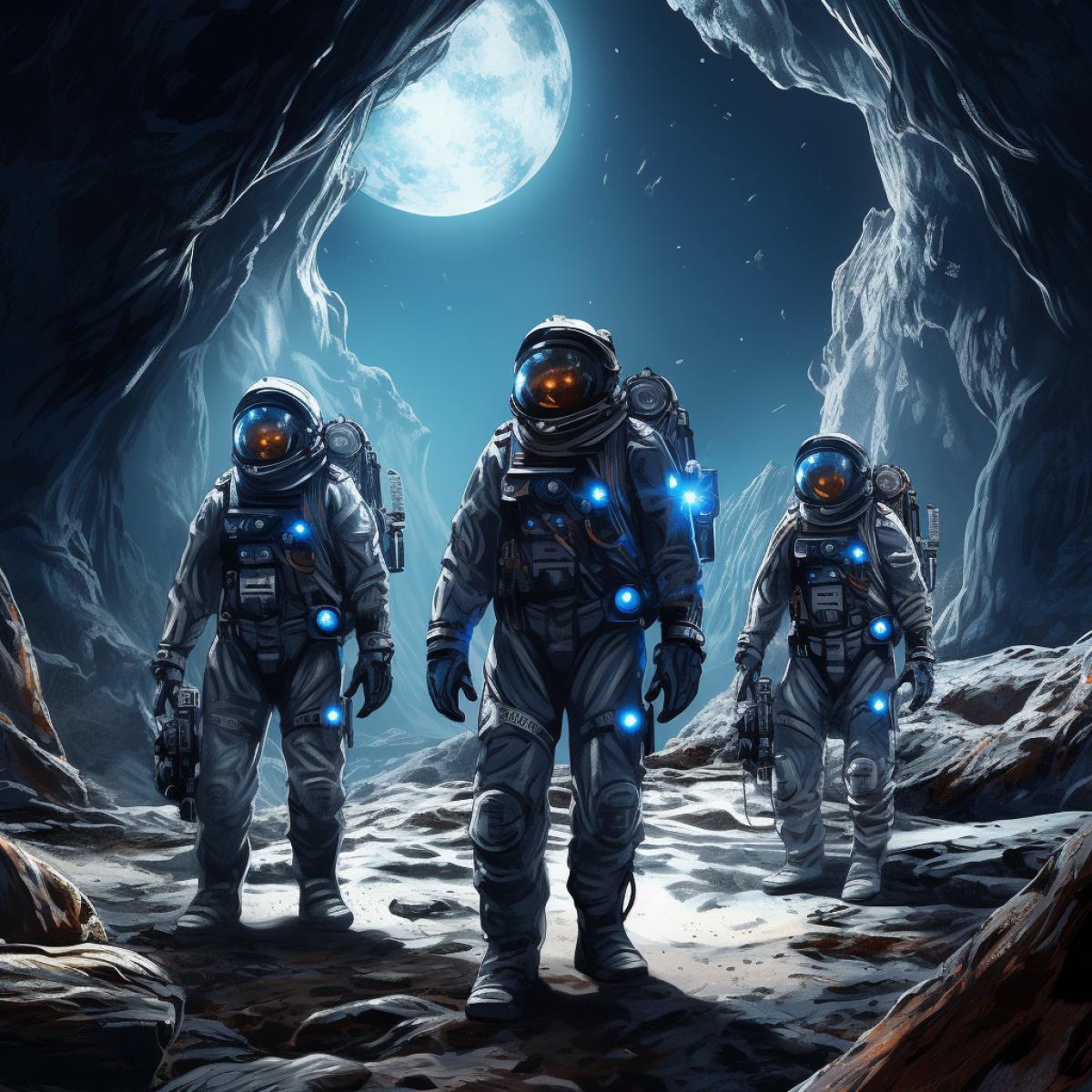A team of intrepid lunar explorers, their high-tech spacesuits reflecting the moons silvery surface. They stand before a massive, ancient lunar cave entrance, its depths shrouded in mystery. Their expressions mix awe and anticipation, poised for a journey into the moons enigmatic subterranean world.