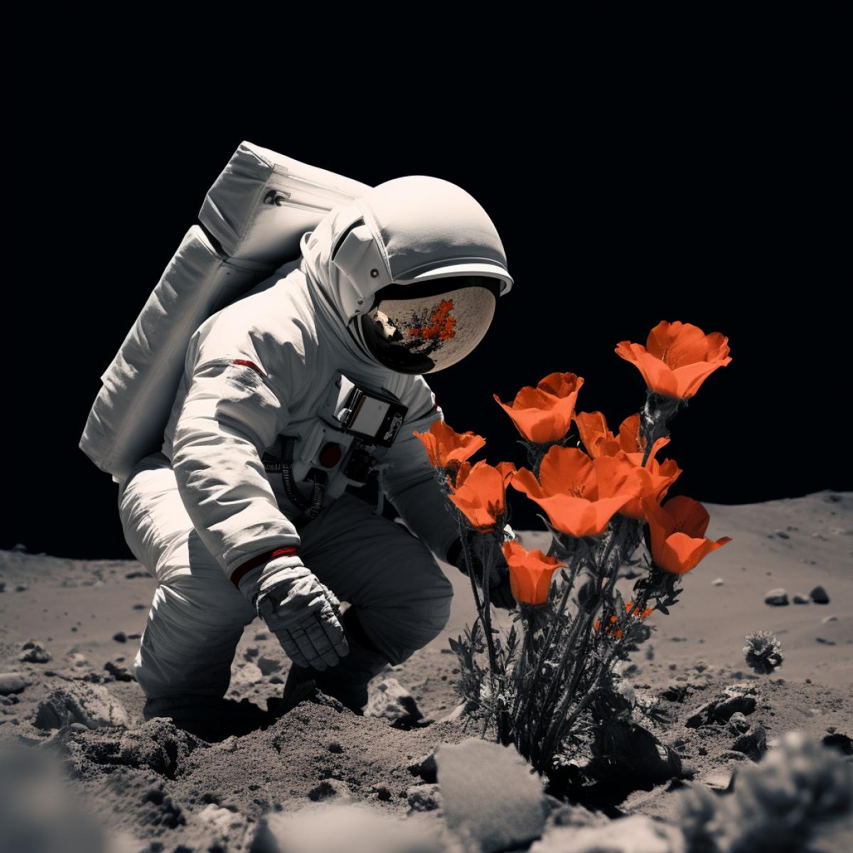 In the desolate lunar landscape, an astronaut plucks a single, brilliantly blooming flower from the moons surface. This lone, unexpected burst of color against the stark gray backdrop symbolizes the resilience and wonder of human exploration.