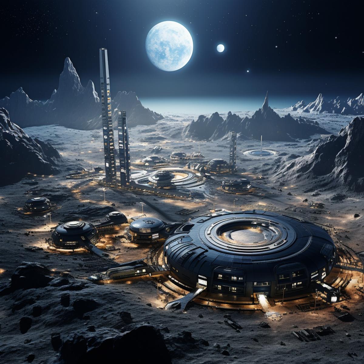 A futuristic lunar base nestled in a massive crater, bustling with scientists and engineers. A visionary commander leads the lunar colony, ordetailedrating the construction of structures that harness the moons resources for the benefit of humanity. Their leadership and innovation are key to the moons colonization.