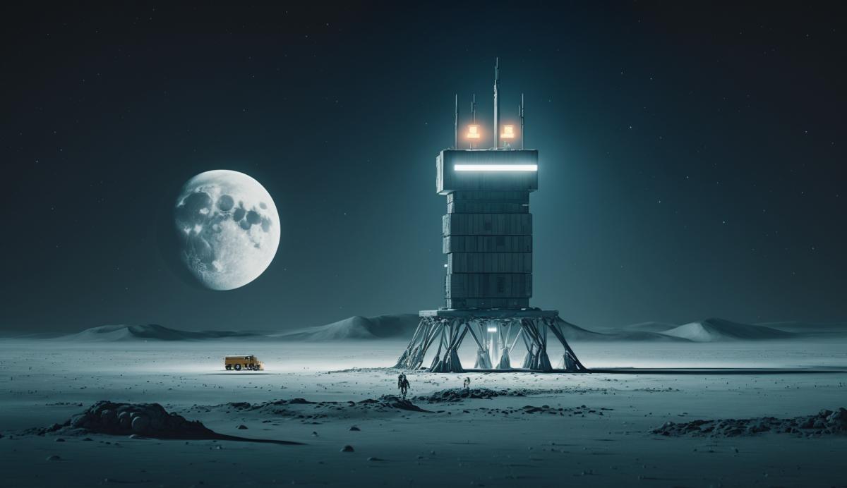 Dynamic scenic photography by Andreas Levers and Roger Deakins, sleek futuristic spaceship above the surface of the moon, soft diffused neon lighting, dark sky