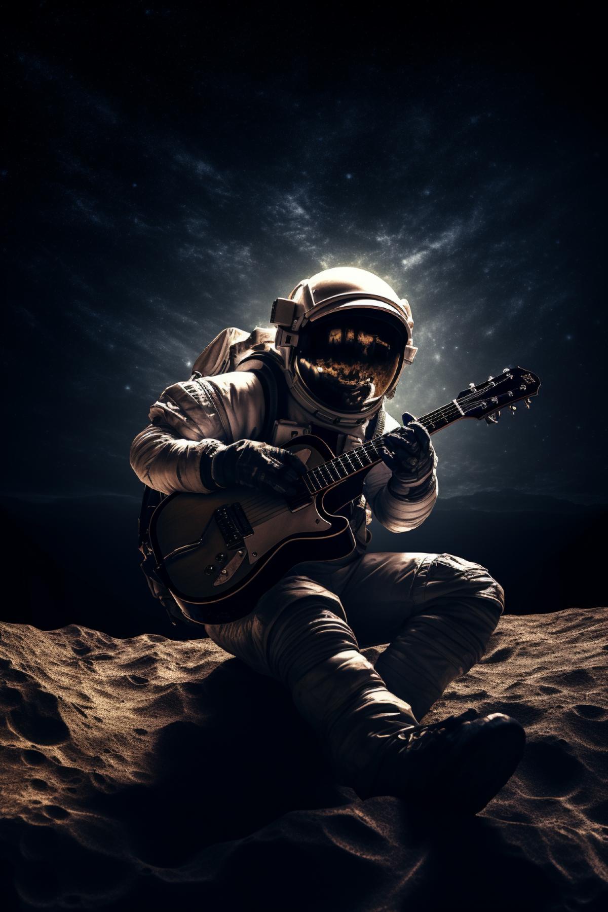 An astronaut, silhouetted against the Earth in the lunar sky, plays a harmonious tune on a space-age instrument. The melody resonates through the desolation, a celestial serenade that echoes the profound connection between Earth and its moon.