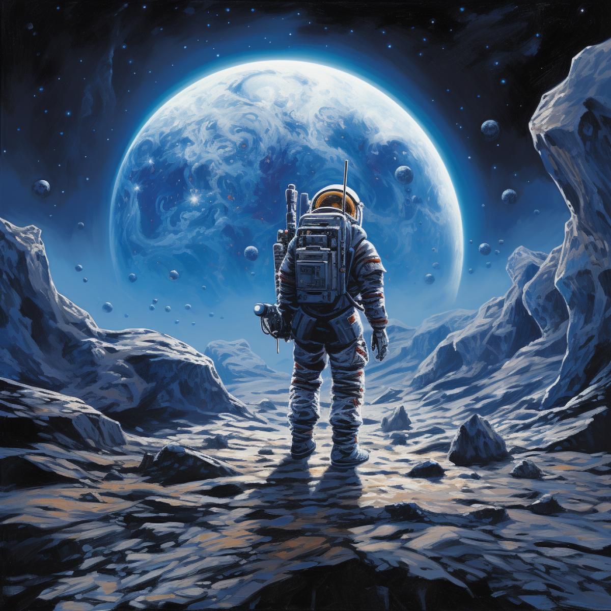 A lunar explorer, garbed in a unique, celestial-inspired spacesuit, communes with a colony of sentient moon crystals. Their encounter sparks an extraordinary exchange of knowledge and deepens the mysteries of lunar life.