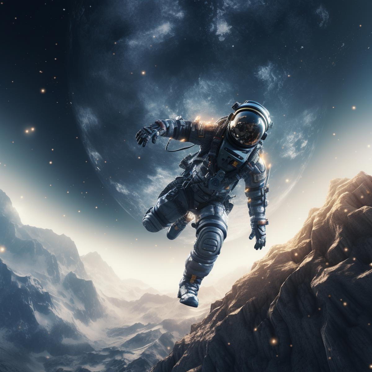 A lunar astronaut embarks on a breathtaking freefall from the edge of a lunar cliff, wingsuit adorned with holographic feathers. The moons low gravity and alien landscape create a surreal descent, evoking the pure thrill of lunar adventure