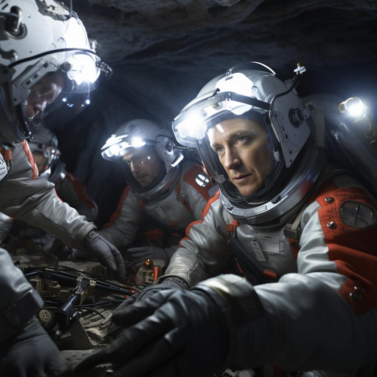 A heart-stopping lunar rescue operation unfolds as astronauts and robotic assistants work together to save a colleague stranded in a dark lunar cave. The scene is filled with tension and anxiety as they attempt to bring their fellow explorer to safety.