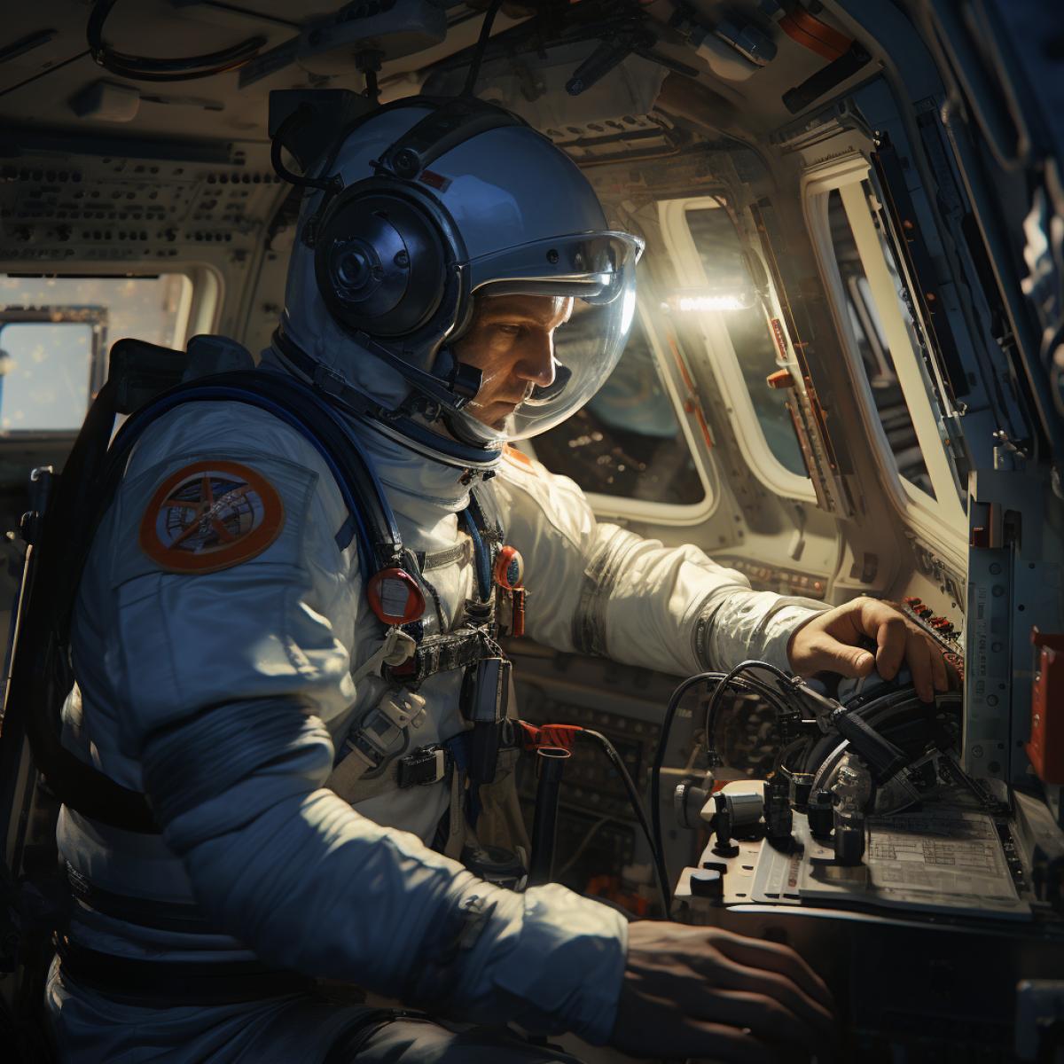 An intense moment during a lunar mission as an astronaut rushes to repair a critical oxygen leak in a lunar habitat module. The astronauts expression is one of urgency and determination, the fate of the mission hanging in the balance.