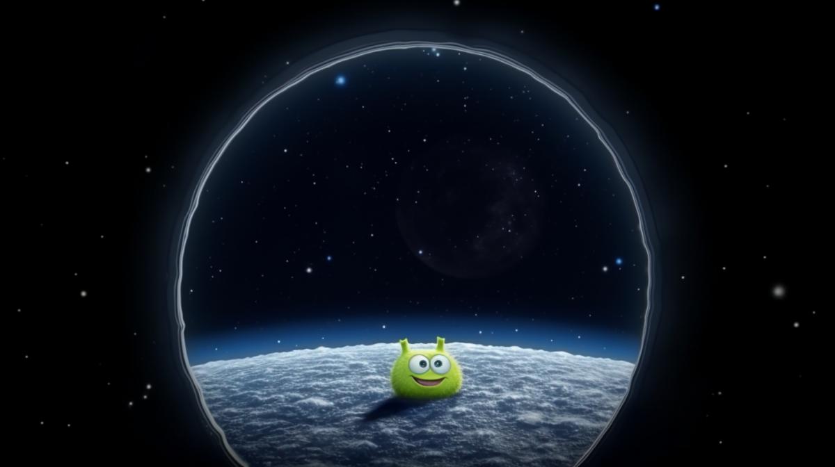 View from the window on the lunar surface, there are green aliens on the moon, space, pixar style