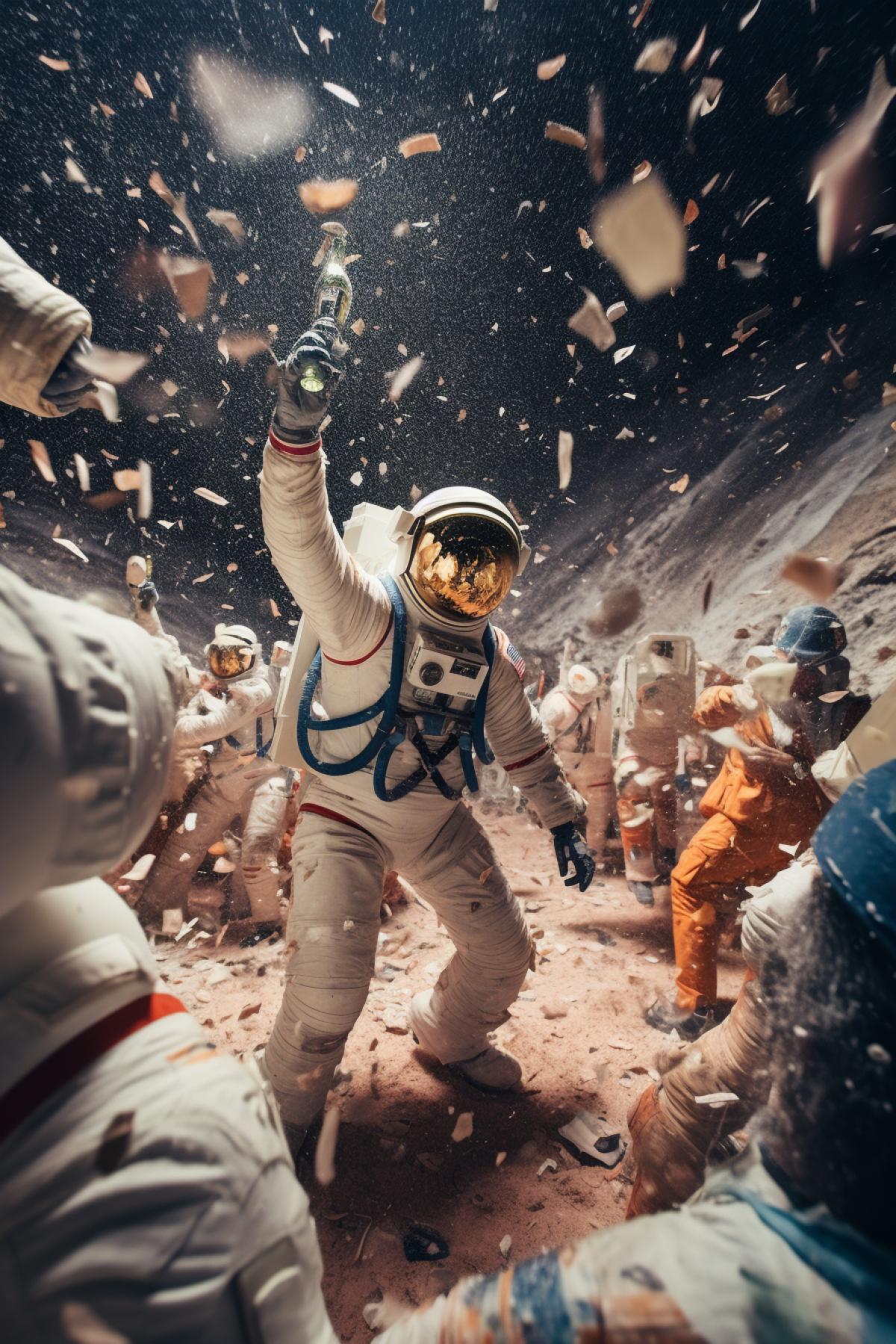 Party on the Lunar Station, astronauts dancing with girls, champagne splashes and confetti, everyone excited about the event, wide angle camera photo