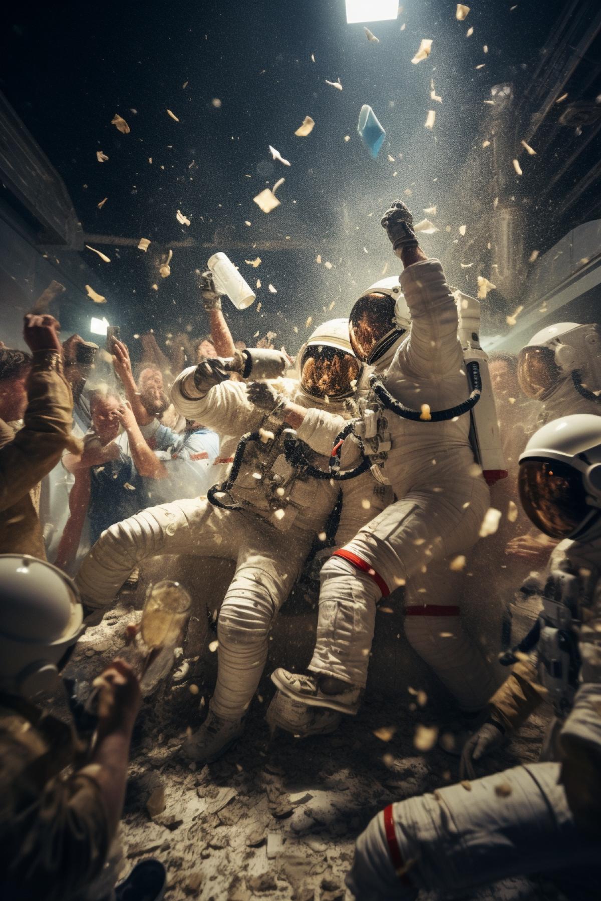 Party on the Lunar Station, astronauts dancing with girls, champagne splashes and confetti, everyone excited about the event, wide angle camera photo