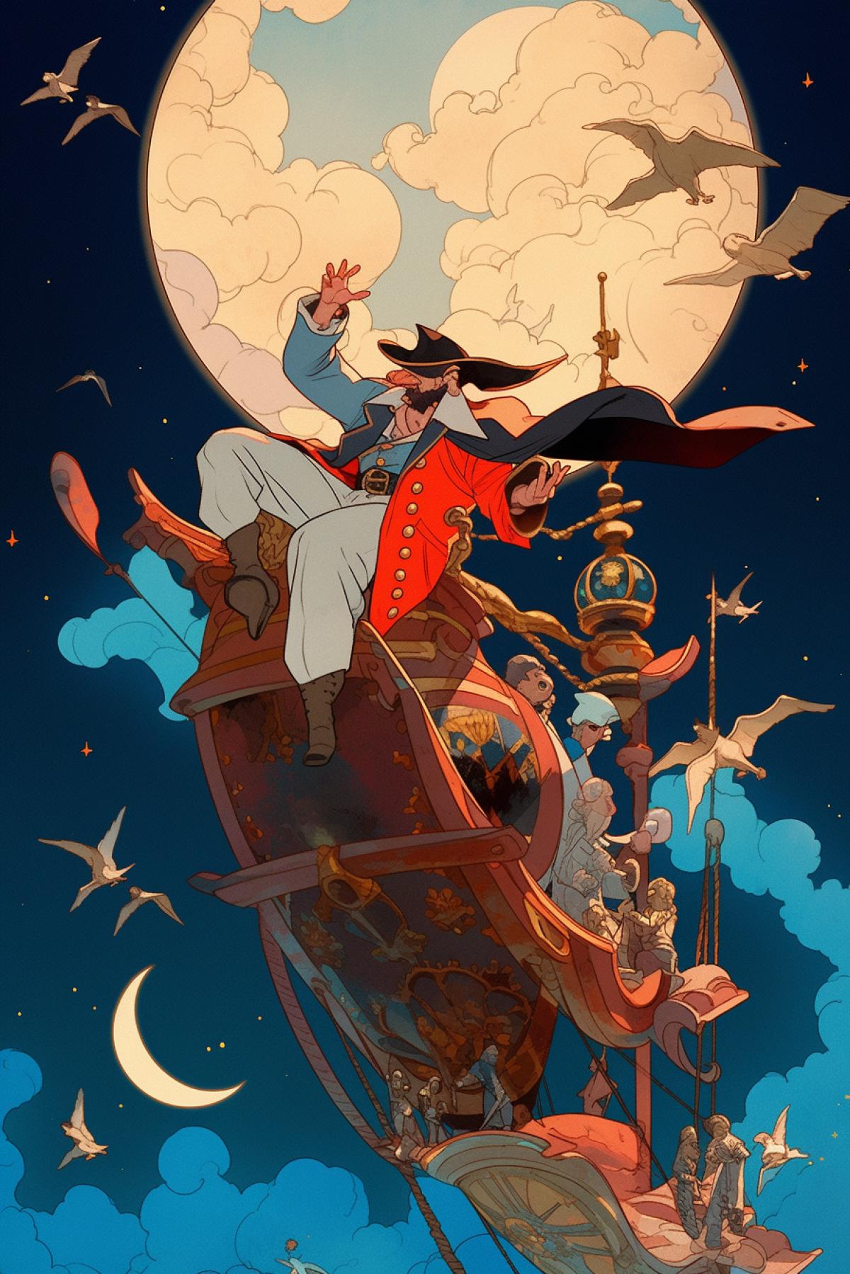 Baron Munchausen riding a cannonball flies to the moon, illustration