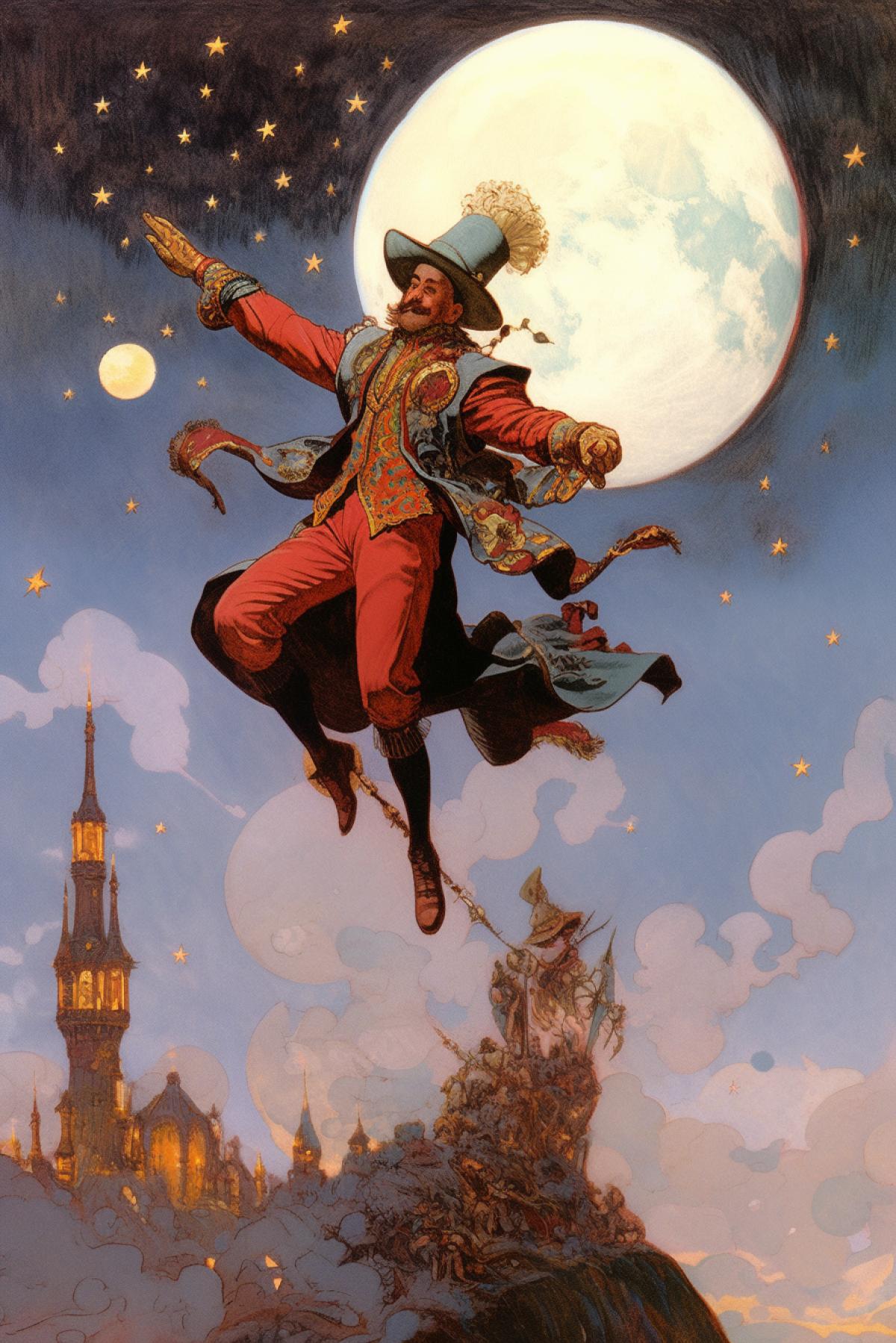 Baron Munchausen riding a cannonball flies to the moon, illustration