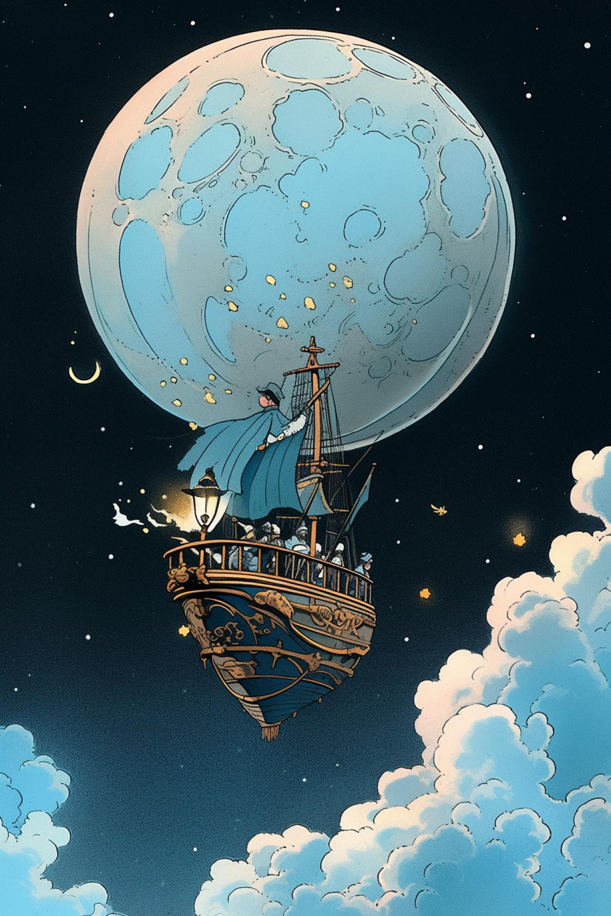 Baron Munchausen riding a cannonball flies to the moon, illustration
