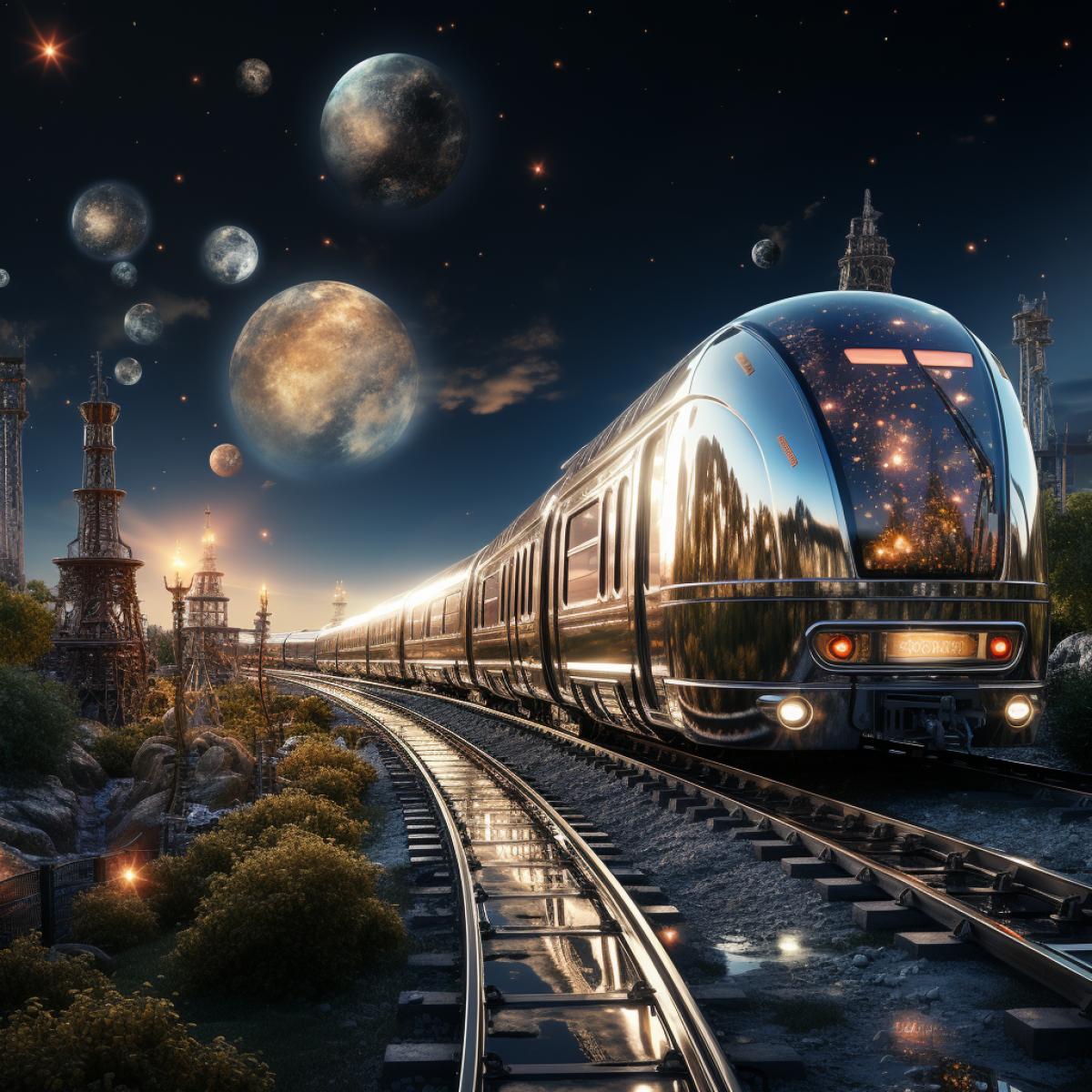 Space station on the Moon, Lunar base, Railway on the surface of the Moon, along which a retro-futuristic chrome-plated steam locomotive moves