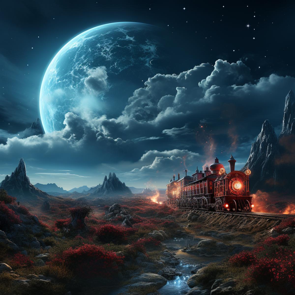 A railway on the surface of the moon, along which a retro-futuristic chrome-plated steam locomotive moves