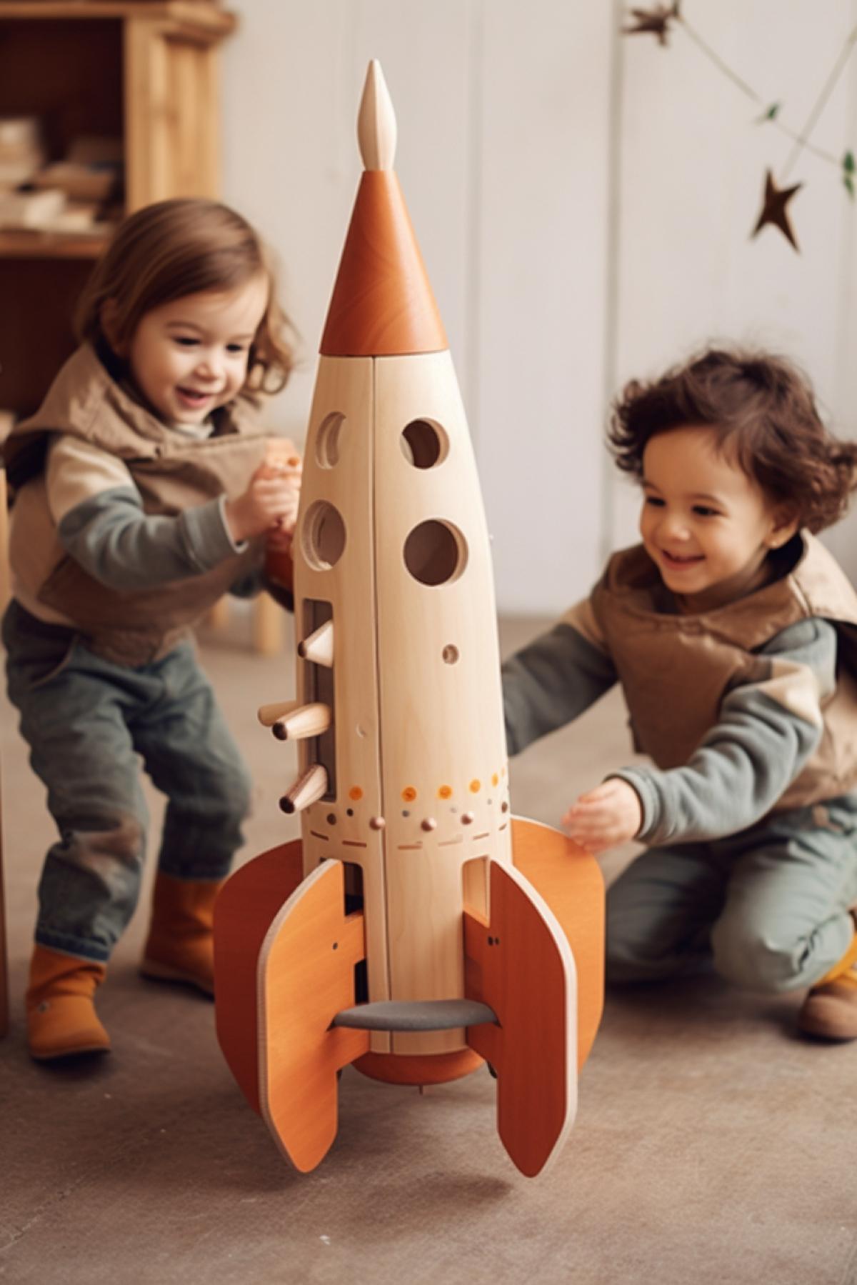 Little children on a toy wooden rocket are going on an expedition to the moon