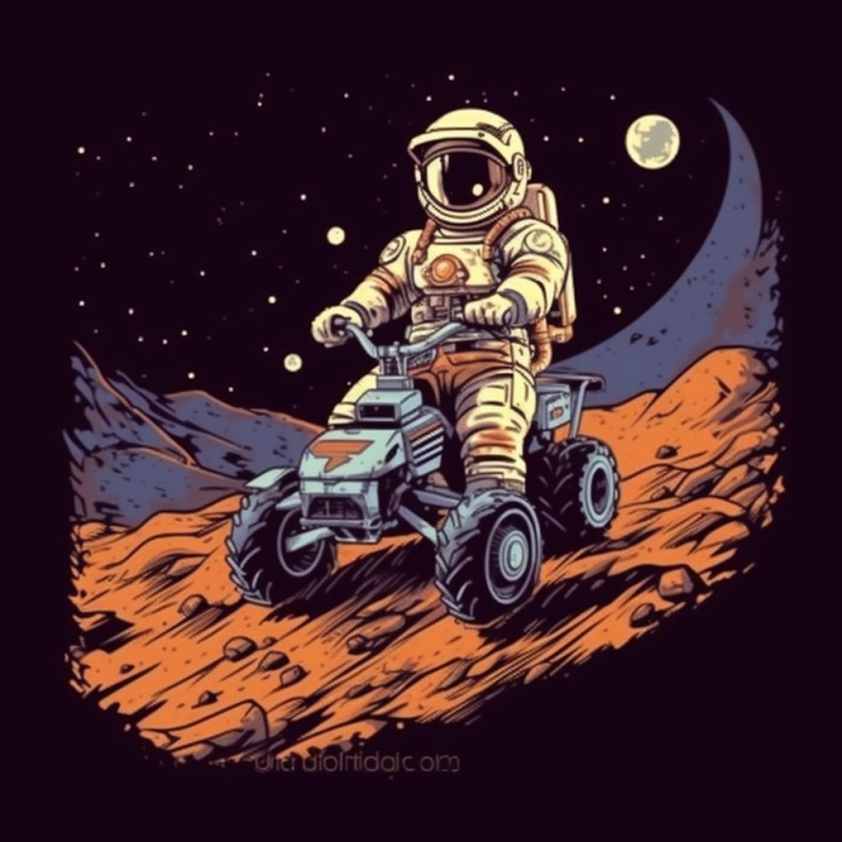 An astronaut in a spacesuit riding an ATV on the surface of the moon, dark sky, stars, earths disk in the sky