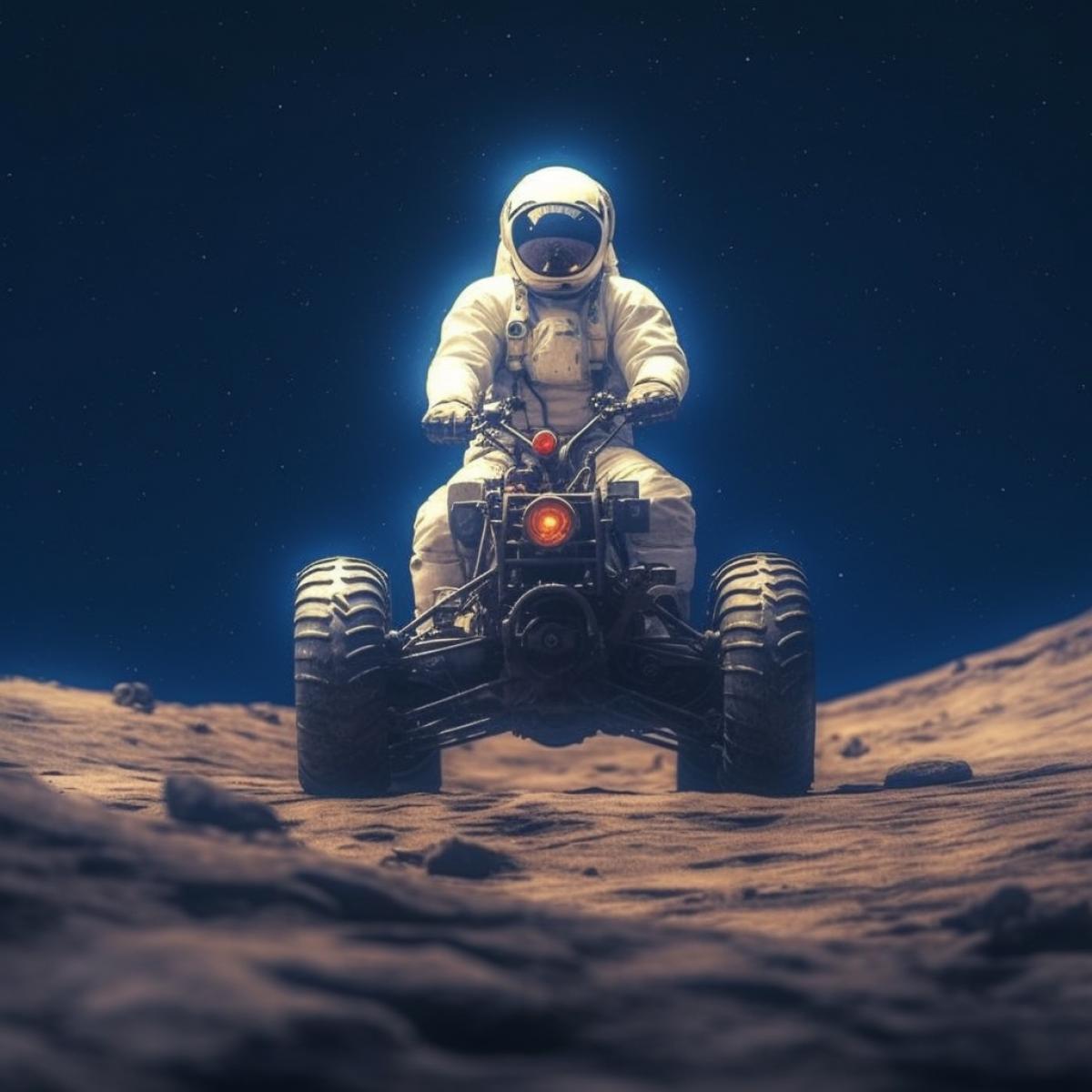 Photo, Cosmonaut in a spacesuit, riding an ATV, on the surface of the Moon, dark sky, stars, earths disk in the sky