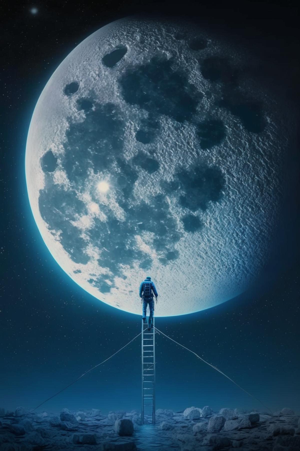 A rope ladder connects the Moon and the Earth, a man climbs the ladder, general plan, night, endless space background