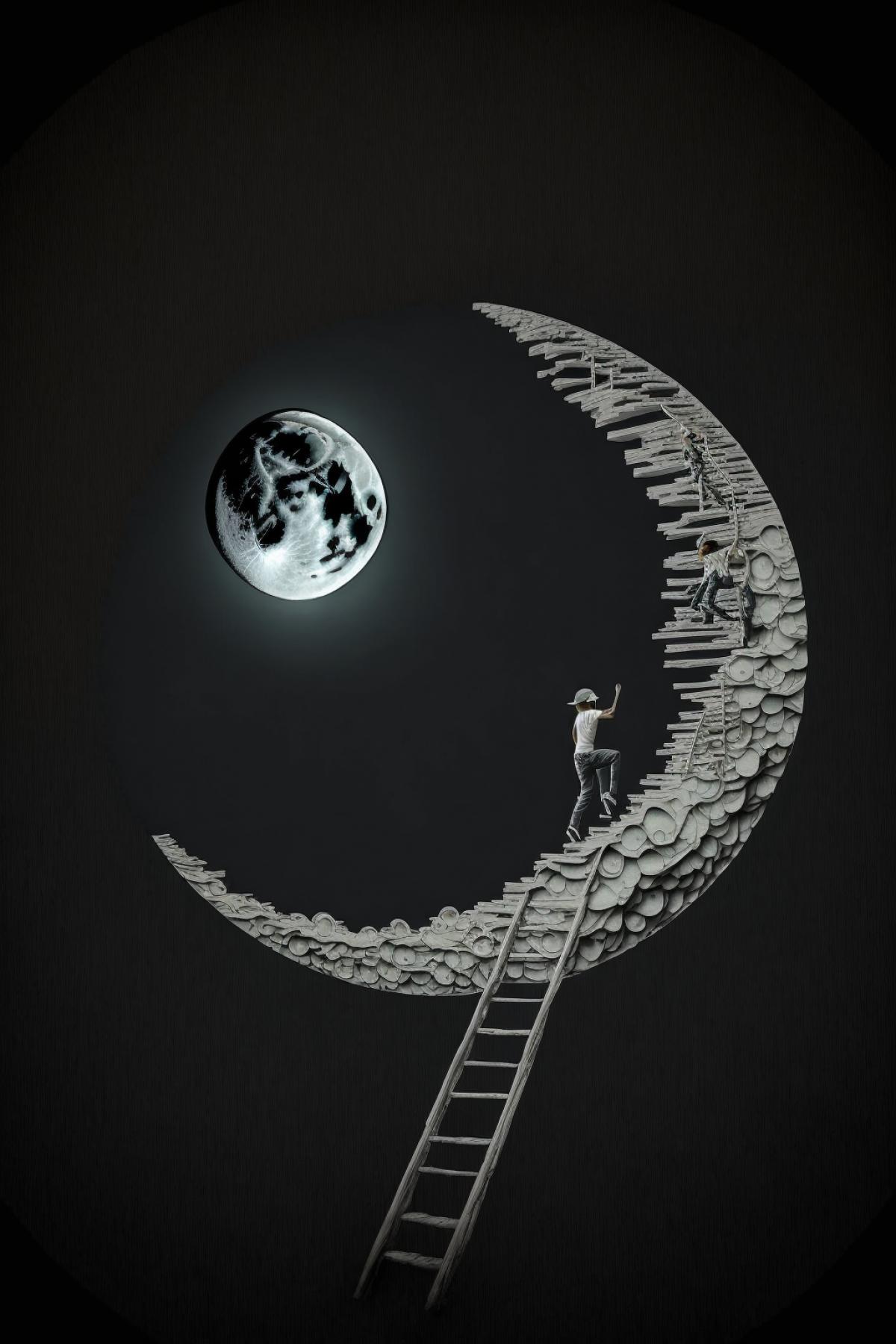 A rope ladder connects the Moon and the Earth, a man climbs the ladder, general plan, night, endless space background