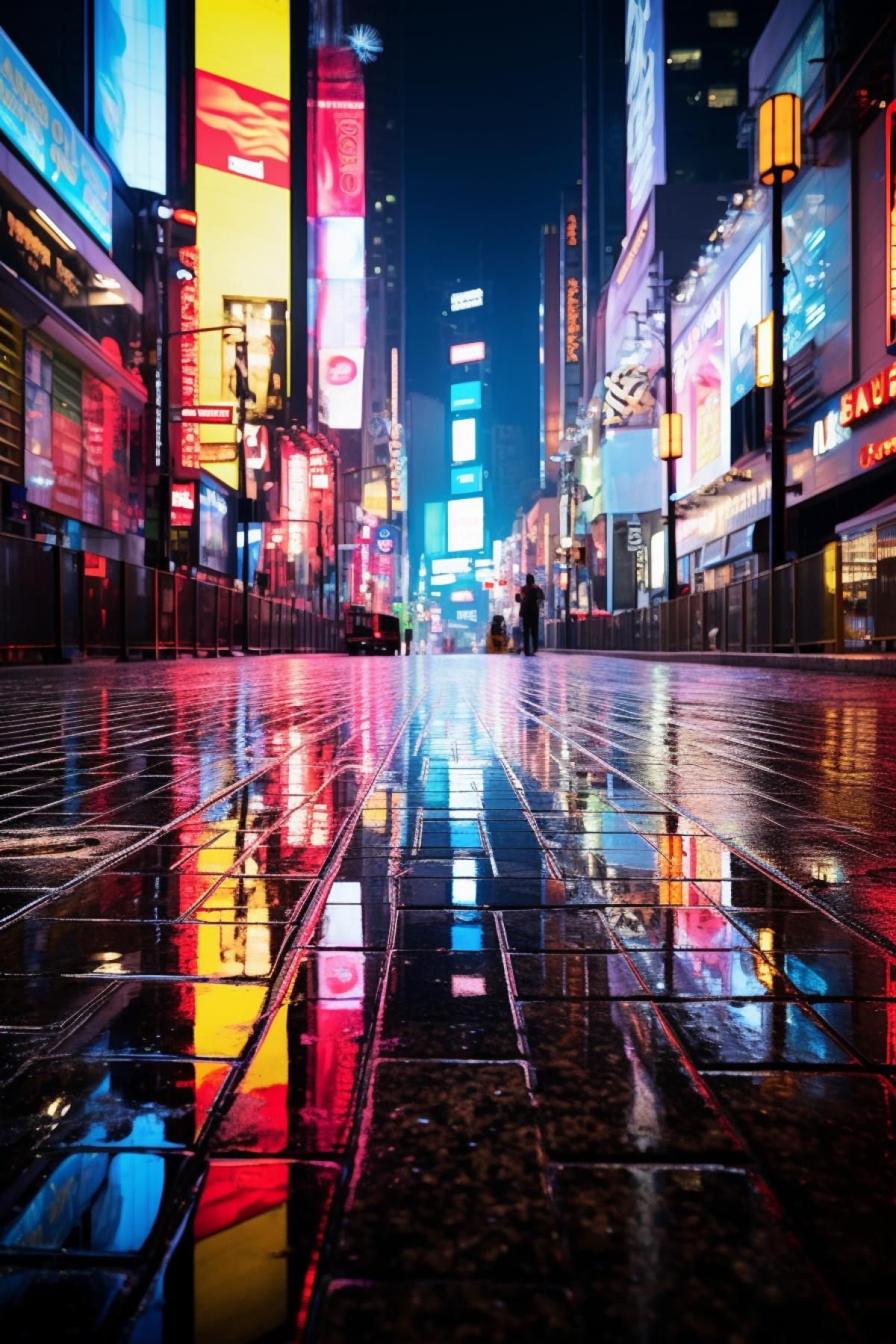 Absolutely empty centre of modern night city after rain wet shine gloss plenty of neon lights and advertising vibrant colors high contrast low view