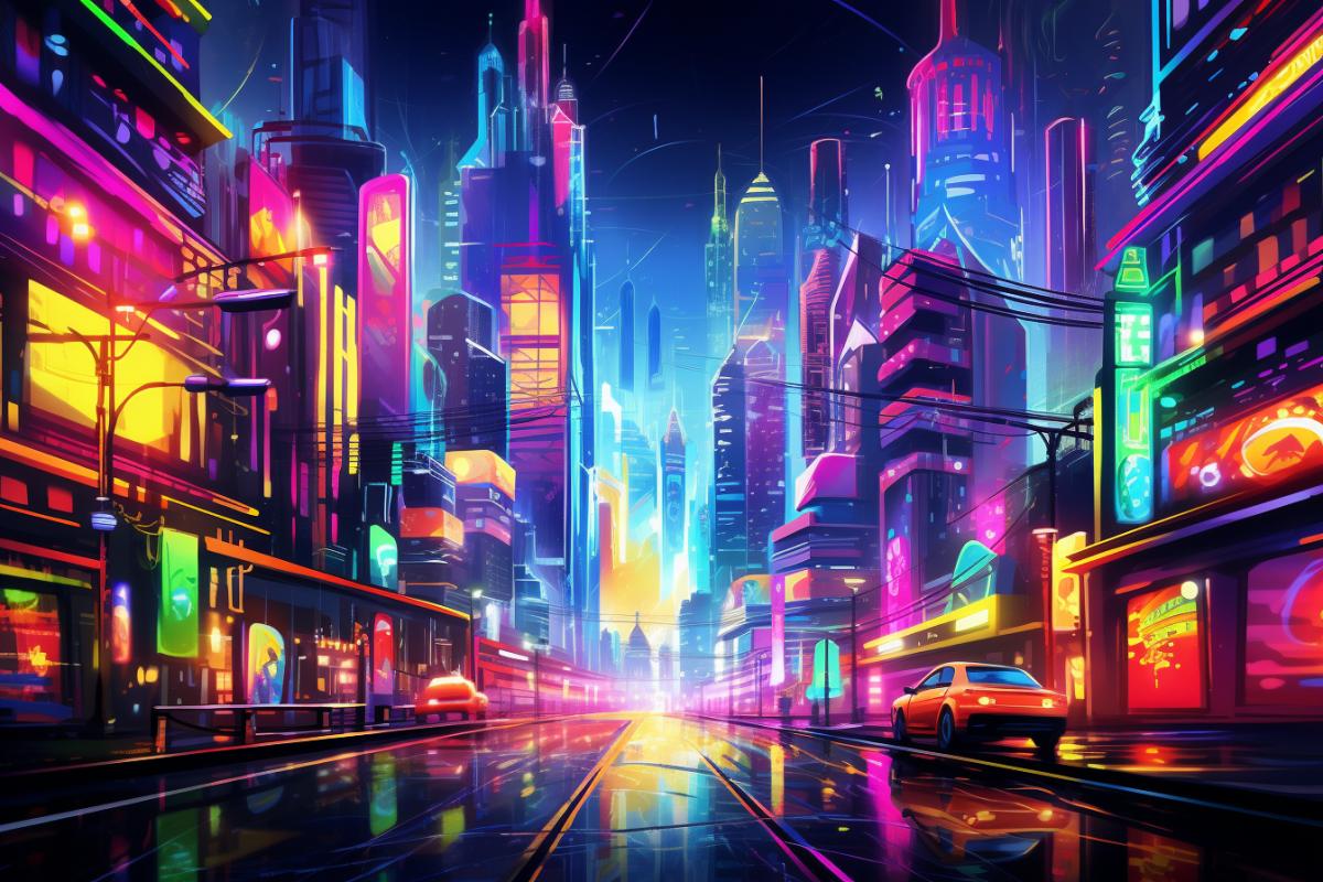 neon city in cartoon style rich colors, busy city, bright neon signs glitter