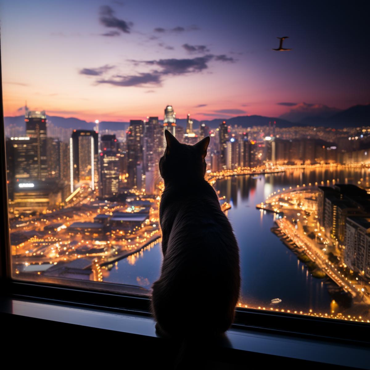a dark cat silhouette sits on a skyscraper window and looks out at the metropolis, Back angle, professional photography, neon light, hyper details, 8k