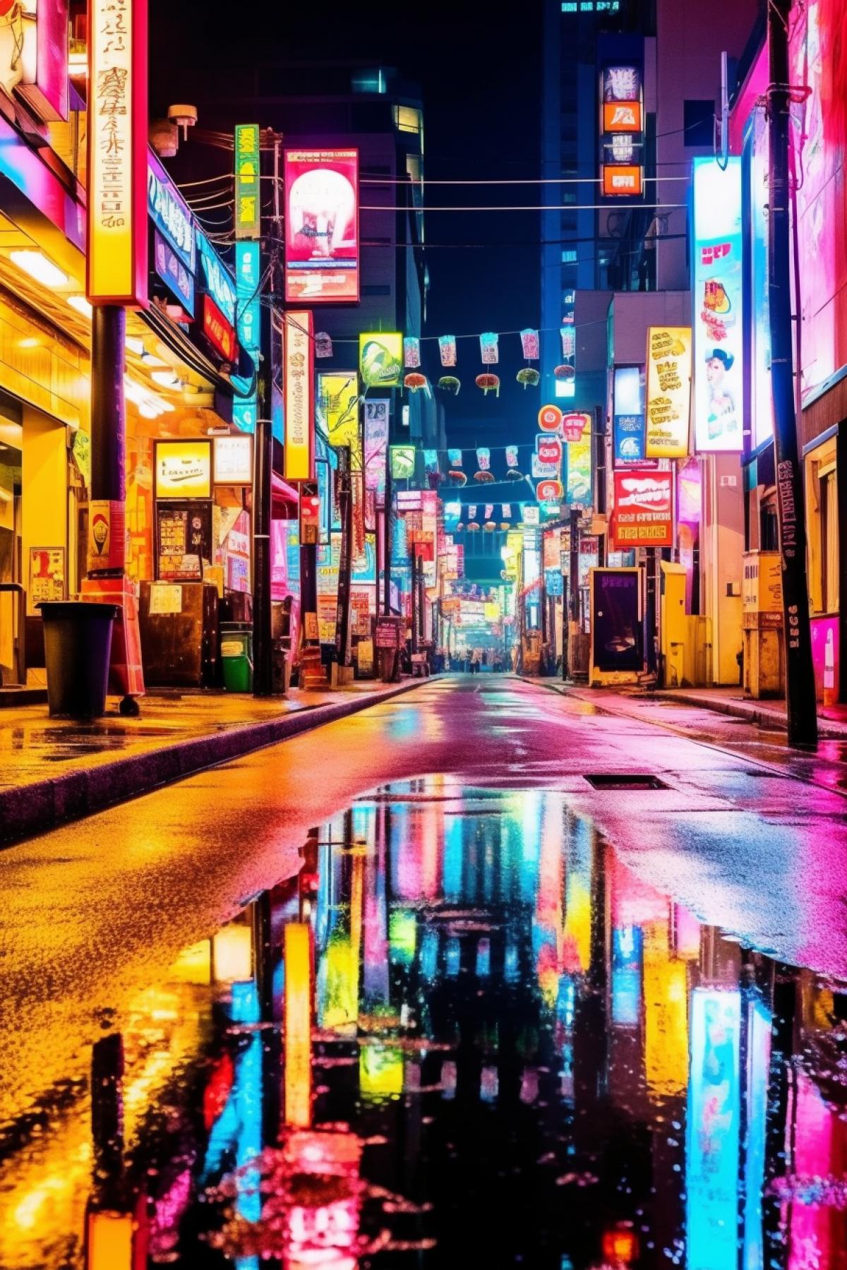 Seoul in cyberpunk style, a lot of neon, reflections.