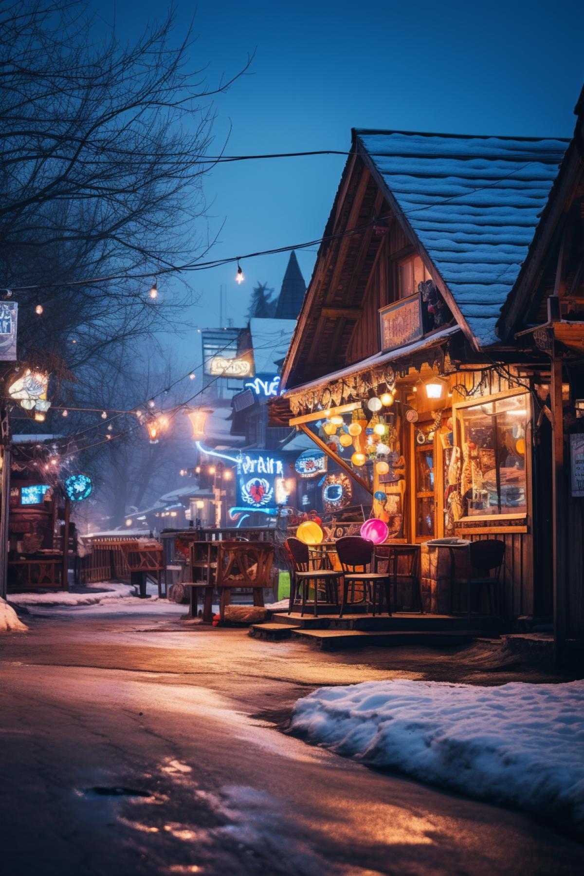 Traditional authentic Slavic village in neon lights and bright advertising boards, cyberpunk style, beautiful starry sky, inspirational photography.