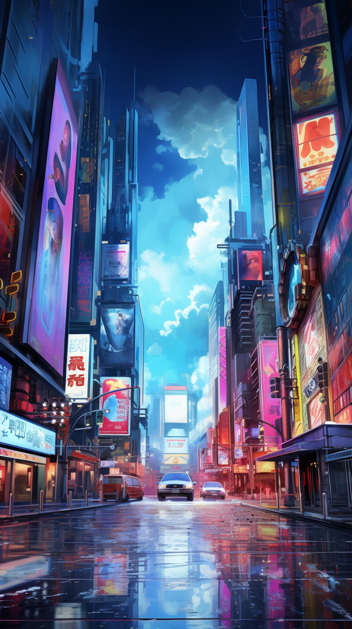 Street of a very high neon city glowing with bright advertising and facade lighting of buildings, the image is breathtaking, inspiring work, in high resolution