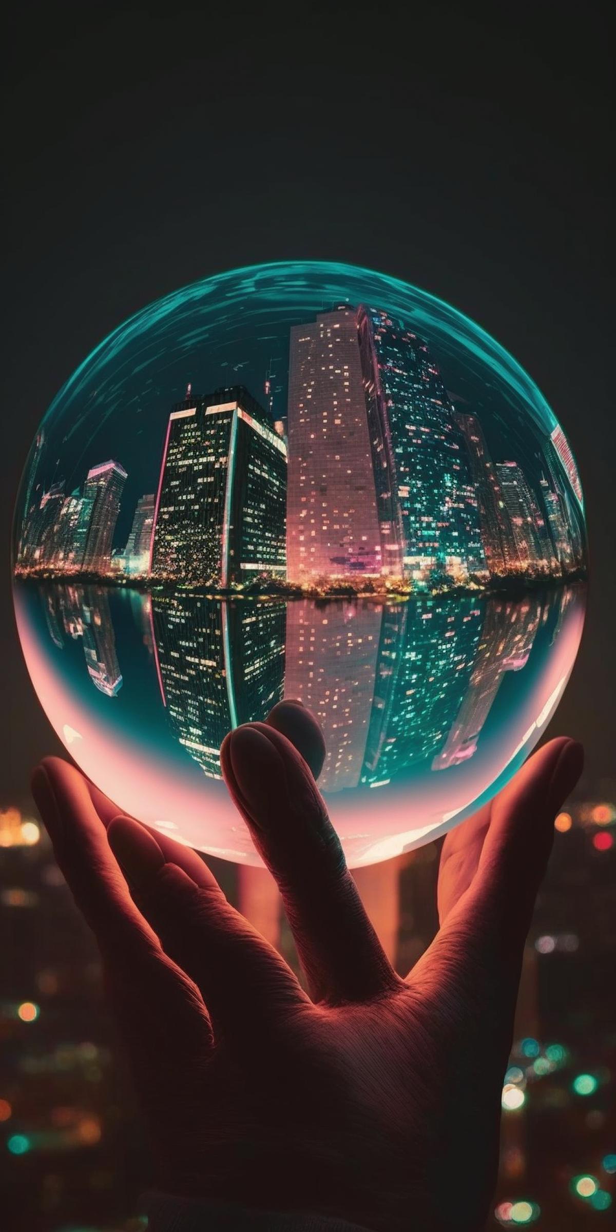 Create a surreal neon-lights double exposure photo of he globe and timelapse of night city lights. The background should be minimalistic and dark