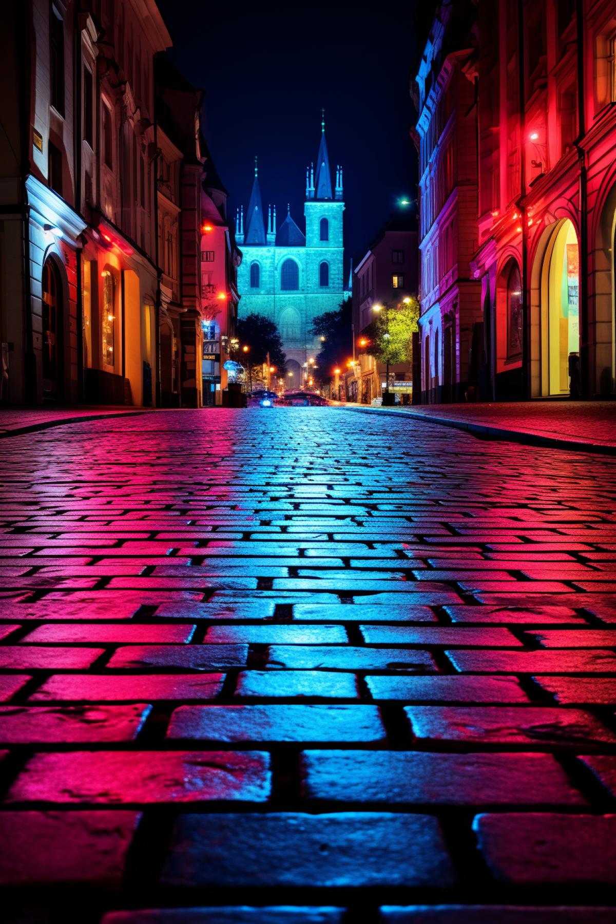 Night Prague in neon lights, light of neon signs reflected on smooth paving stones, atmosphere of a hot summer night, night photo with color correction and high-sensitivity matrix.