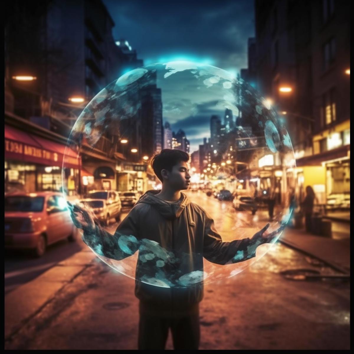 Create a surreal neon-lights double exposure photo of he globe and timelapse of night city lights. The background should be minimalistic and dark