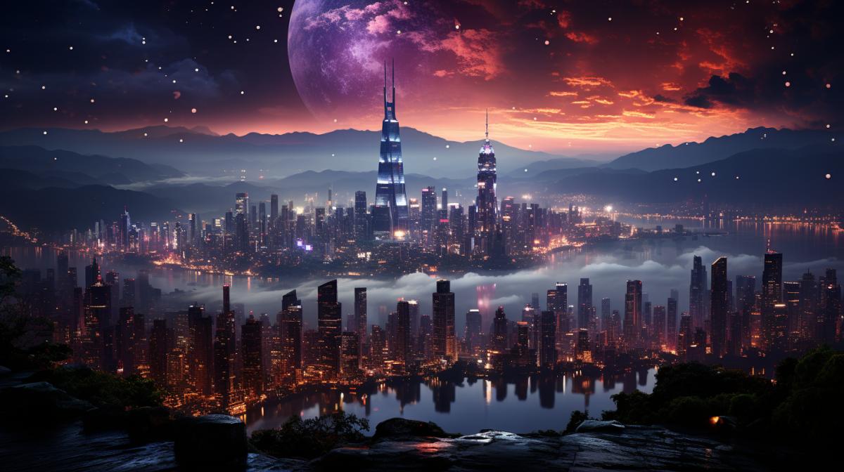 drone shot, beautiful city landscape, Night metropolis, neon signs, award winning photography, beautifully color-coded, photorealistic, highly detailed, 8k