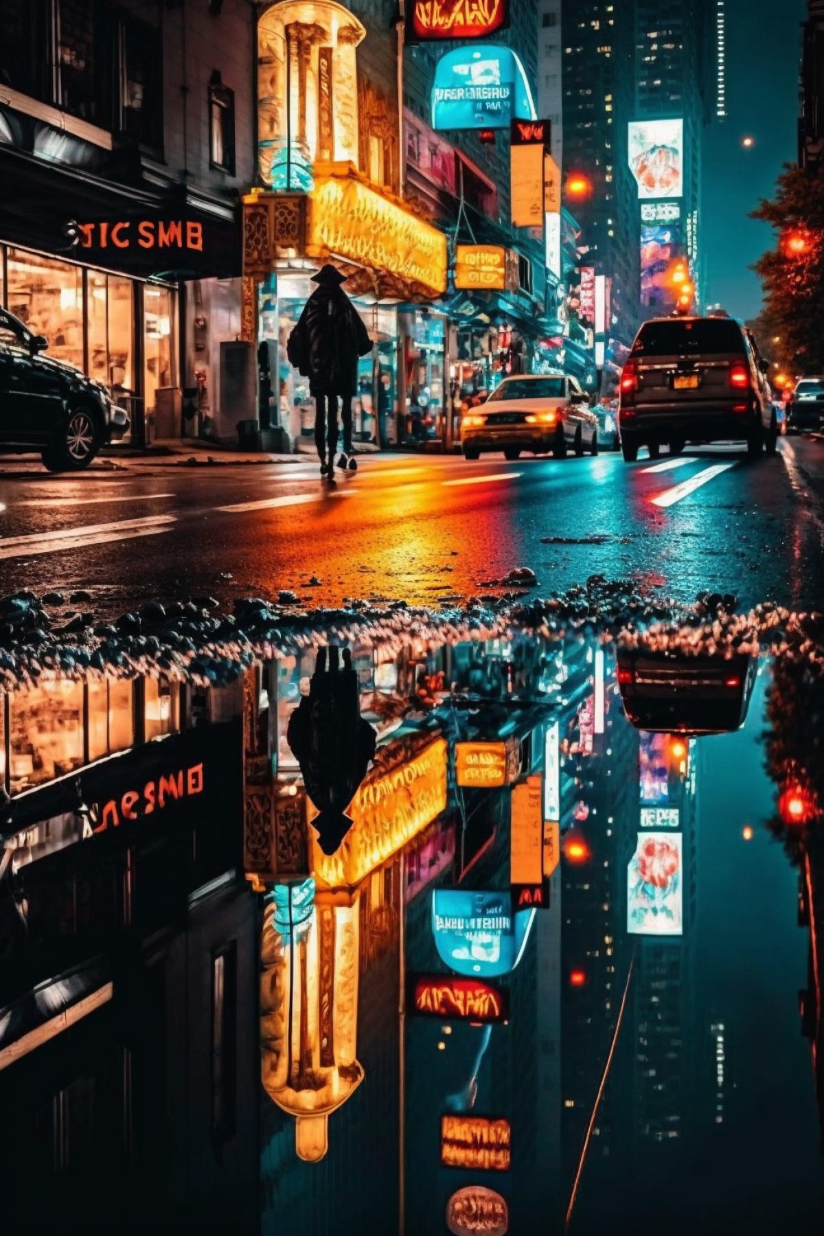 neon signs of a big city are reflected in puddles on the asphalt
