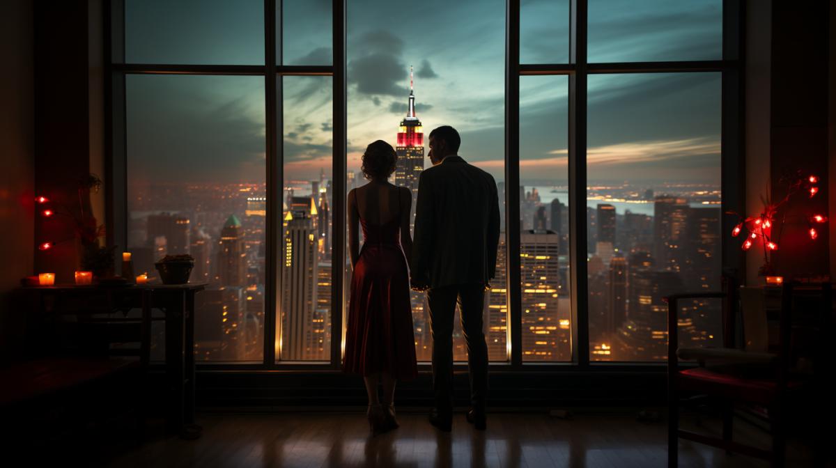 a couple of people standing in front of a window, a matte painting, inspired by Ruth Deckard, fight club, Neon signs, high rises, holding hands, still from lestate