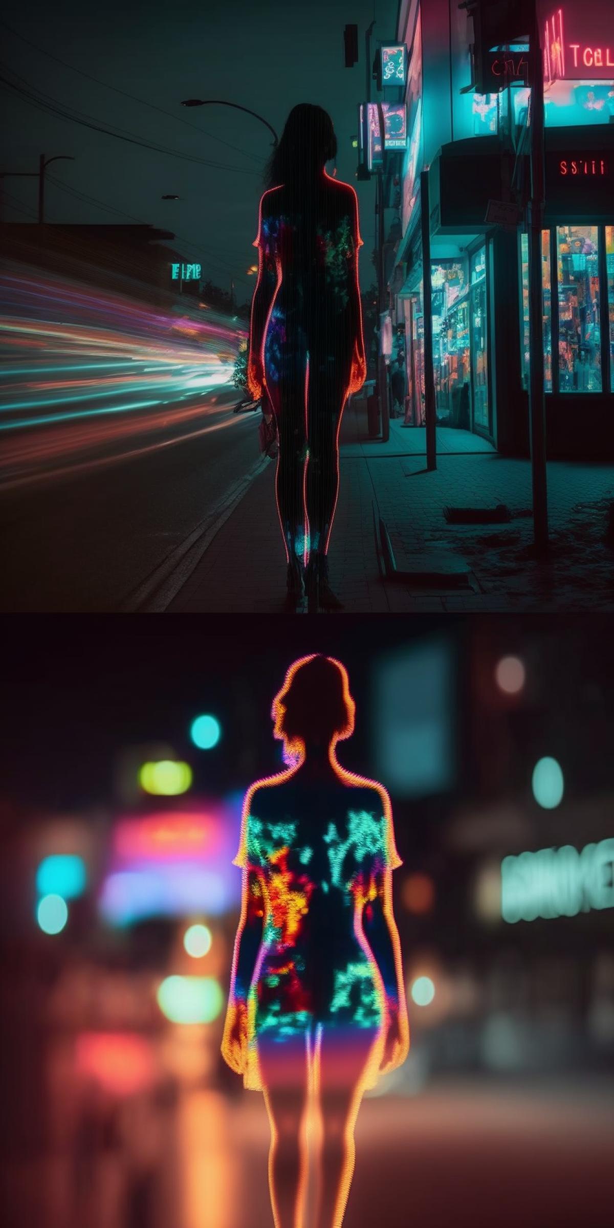 neon-lights double exposure of a human and timelapse of night city lights. The background should be minimalistic and dark
