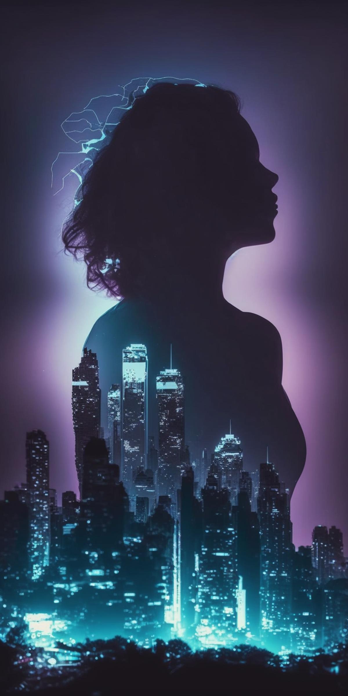 neon-lights double exposure of a human and timelapse of night city lights. The background should be minimalistic and dark
