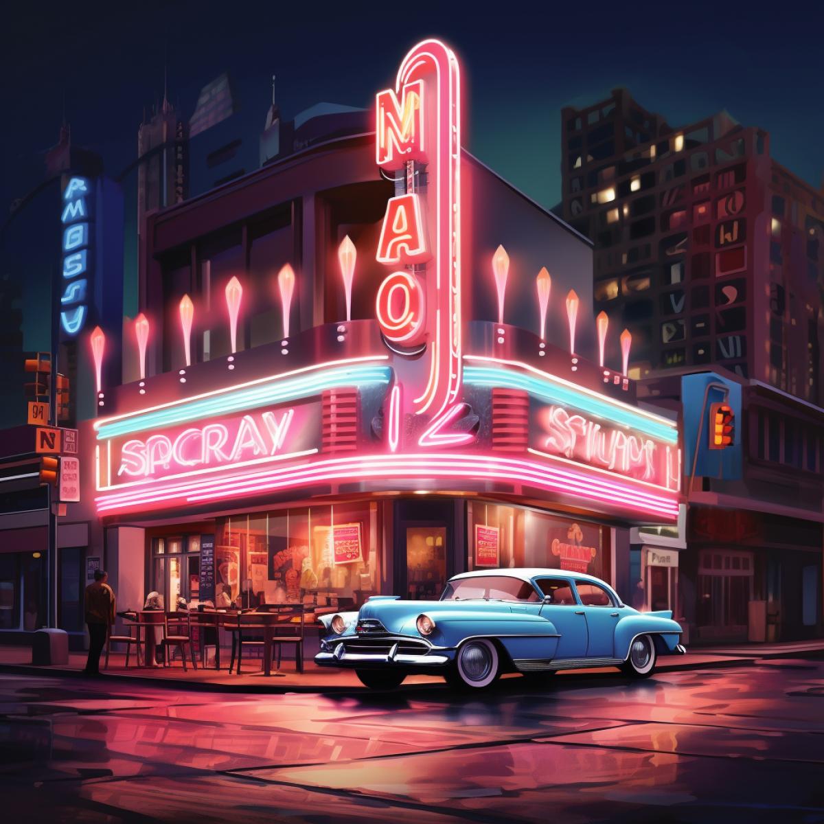 An iconic neon landmark, such as a vintage diner or a movie theater marquee, radiates with retro charm. The warm neon lights create a sense of nostalgia and beckon passersby to step into a bygone era. The scene captures the timeless allure of neon in the modern world.