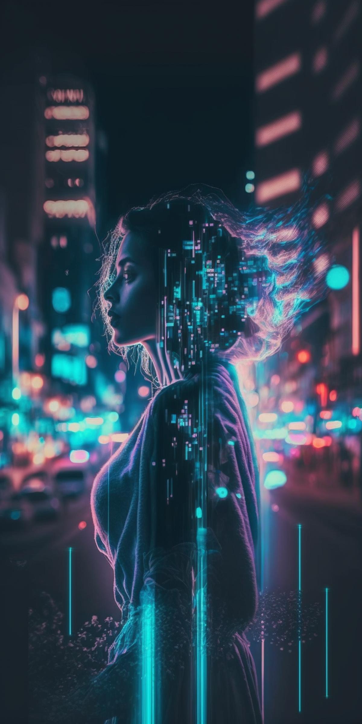 neon-lights double exposure of a human and timelapse of night city lights. The background should be minimalistic and dark