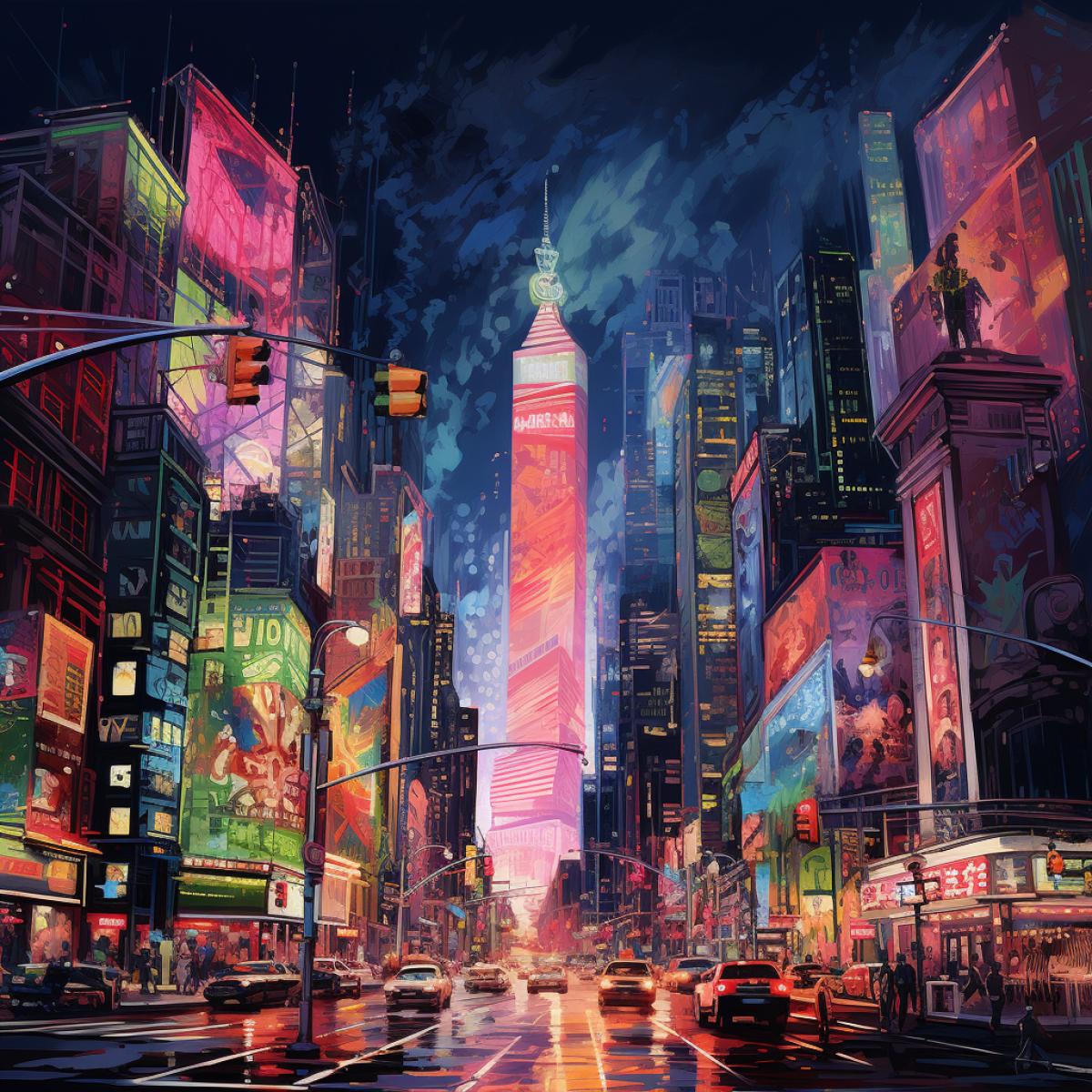 An electrifying cityscape at night, where neon lights transform the urban jungle into a dazzling wonderland. Skyscrapers stretch toward the stars, their facades adorned with vibrant neon signs that bathe the streets in an otherworldly glow. The atmosphere is alive with a sense of endless possibilities.