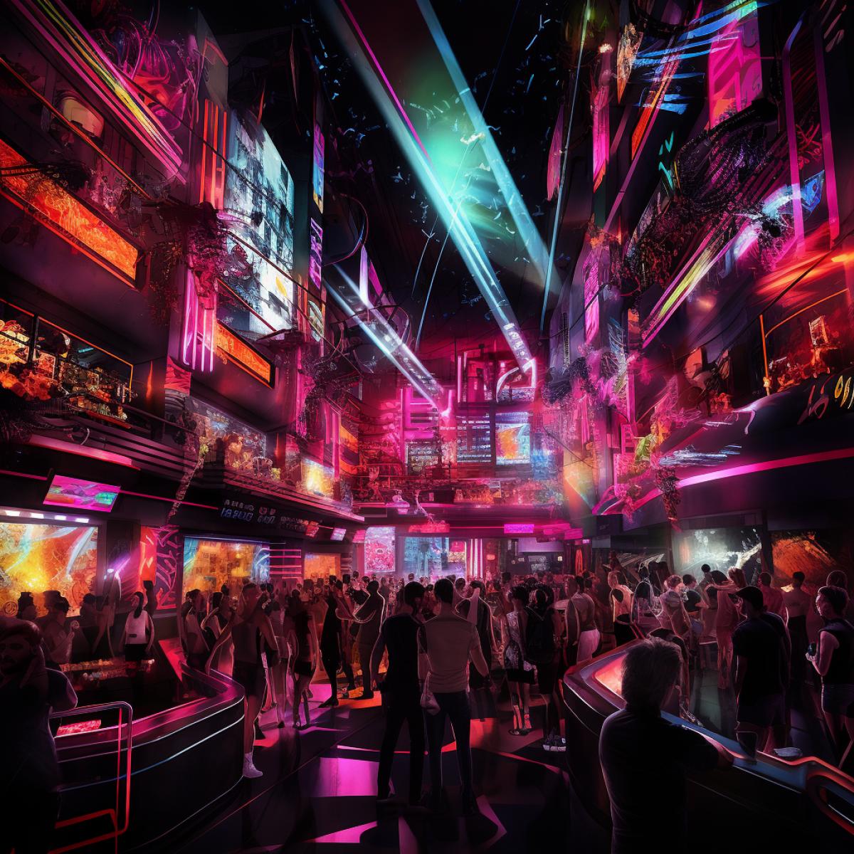 An underground nightclub in the heart of the neon city, where the dance floor throbs with music, and neon lights pulsate to the rhythm. The scene is a sensory overload, filled with vibrant colors and an electric atmosphere that invites you to lose yourself in the music and lights.