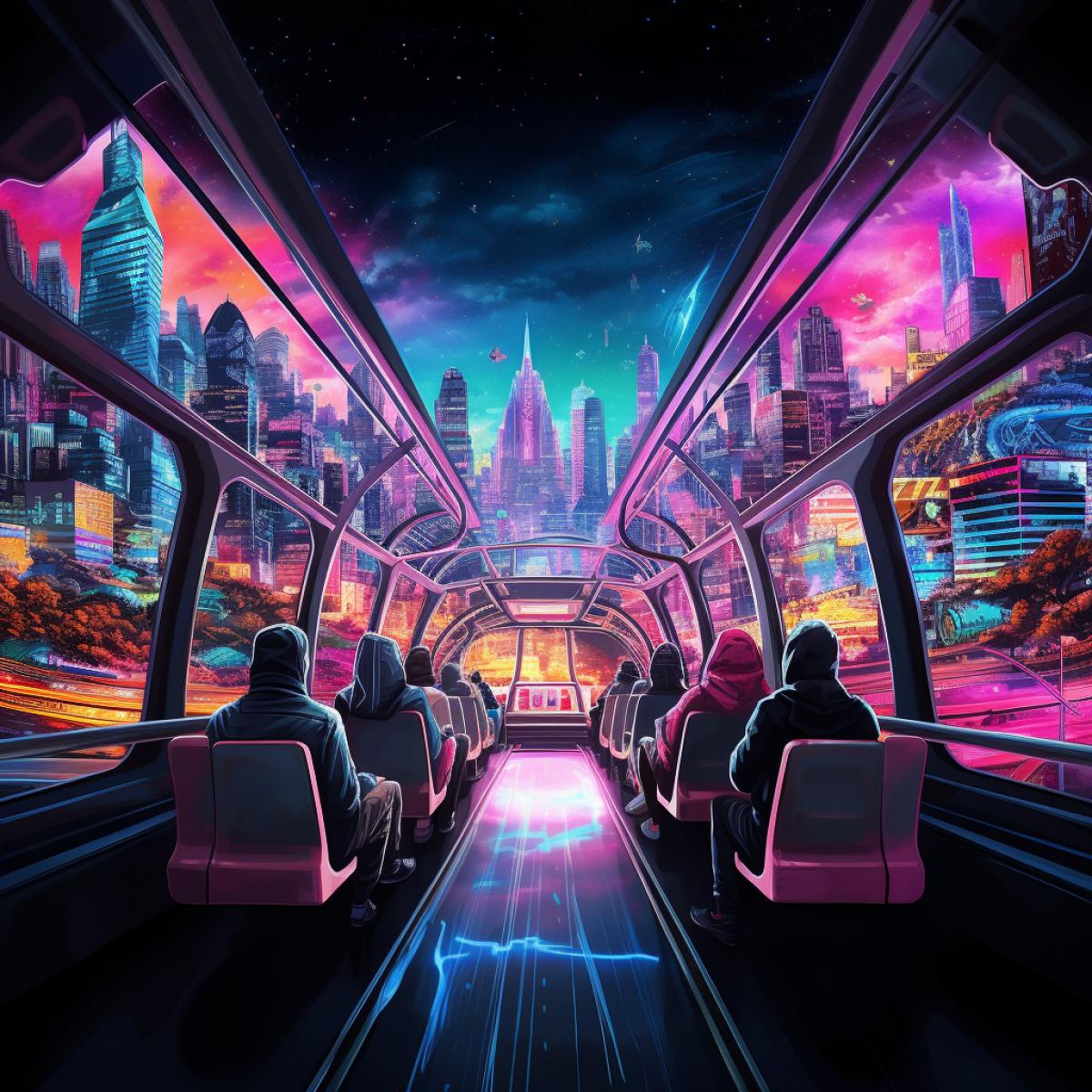 A neon cityscape viewed from a futuristic monorail, gliding through the urban canyons. The passengers are enveloped by the vibrant lights and holographic advertisements that paint a neon dreamscape, showcasing a city in constant motion.